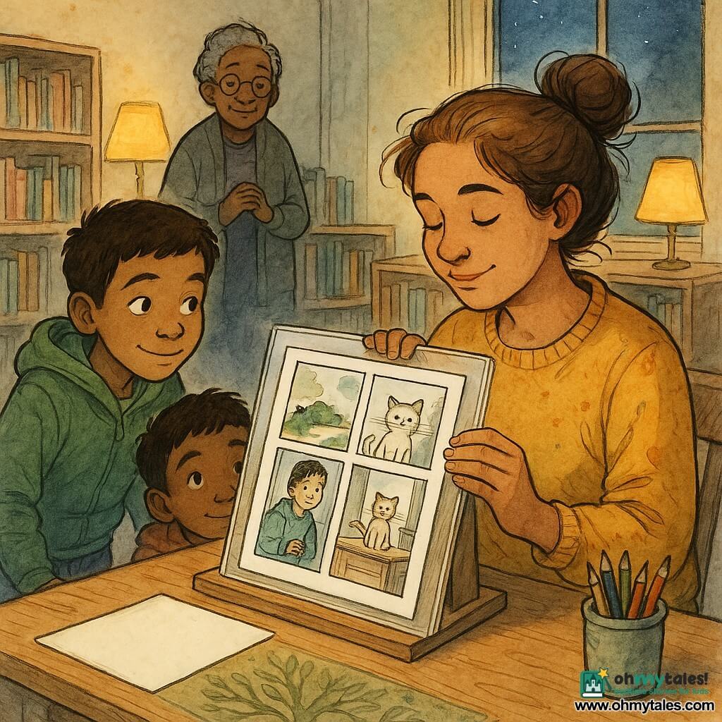 An adult woman, Maya, serene and slightly moved, hair in a messy bun, wearing a mustard sweater stained with ink, gently places an inked comic page in a plastic sleeve onto a wooden display; a curious 10-year-old boy in a green hoodie leans left of the display, studying the panels with a slight smile, while an elderly librarian, Mrs. Bell, with gray hair in a bun and round glasses, stands behind a shelf watching kindly with hands clasped; the children's corner features low light wood shelves, a tree-patterned rug, warm yellow lampshades, a large square window showing deep twilight blue, and beside the display a blank sheet and a cup of colored pencils; the quiet, intimate moment is lit softly, highlighting fine black ink contours, pastel watercolor washes (yellow, blue, green), visible paper texture, airy panels and readable expressions as the boy reads the silent kitten story.