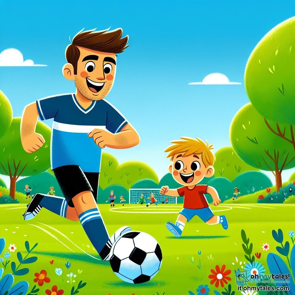 Un uomo sorridente, Marco, è rappresentato mentre dribbla un pallone da calcio su un campo verde. Ha i capelli castani, corti, e indossa una maglietta blu con pantaloni corti neri. Il suo viso esprime gioia e entusiasmo, mostrando che si sta divertendo molto. Accanto a lui, un ragazzo di 8 anni, Luca, corre con un grande sorriso. Ha capelli biondi e indossa una maglietta rossa e pantaloni corti blu. Guarda Marco con ammirazione, pronto a imparare e giocare. Il luogo è un parco soleggiato, con alberi verdi lussureggianti intorno al campo da calcio. Si possono vedere fiori colorati e un cielo blu chiaro, creando un'atmosfera gioiosa e accogliente. La scena principale mostra Marco e Luca in azione, Marco che dribbla la palla con agilità, mentre Luca cerca di seguirlo, ridendo e divertendosi, illustrando la loro bella amicizia e la passione comune per il calcio.