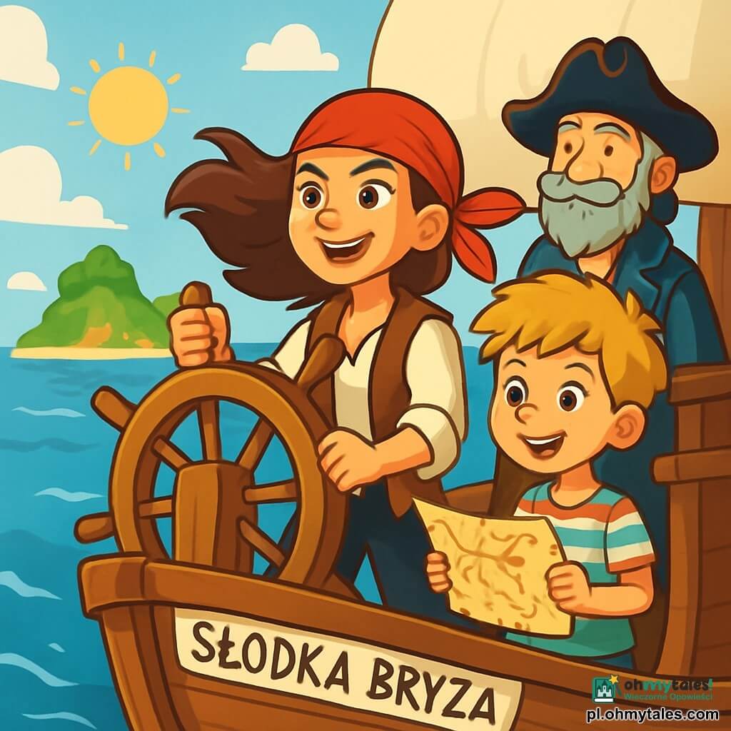 Imelda, młoda, nieustraszona piratka w wieku około 25 lat, dumnie stoi na pokładzie statku "Słodka Bryza". Ma długie brązowe włosy powiewające na wietrze, czerwony bandana związany wokół głowy i zdecydowany uśmiech na twarzy. Ubrana jest w zużytą skórzaną kamizelkę, białą koszulę i czarne spodnie, trzymając mocno ster, z oczami błyszczącymi z ekscytacji. Obok niej stoi Max, 12-letni chłopiec z rozczochranymi blond włosami, z zachwytem patrzący na morze. Ma na sobie pasiasty t-shirt i szorty, trzymając w rękach starą mapę skarbów, z oczami szeroko otwartymi z ciekawości. W tle stary kapitan Bartolomeo, około 60-letni mężczyzna z siwą brodą i zużytym kapeluszem pirackim, z mądrym i ochronnym spojrzeniem obserwuje morze. Stoi nieco z tyłu, oparty o maszt, z dumnym uśmiechem na twarzy. Miejsce to rozległy niebieski ocean, usiany migoczącymi falami pod słonecznym niebem, z kilkoma białymi chmurami. Na horyzoncie widać małą zieloną wyspę otoczoną kolorowymi rafami koralowymi. Główna scena pokazuje Imeldę, pełną determinacji, pewnie płynącą w kierunku tajemniczej wyspy, gotową odkryć czekające na nią sekrety, podczas gdy radość i ekscytacja malują się na twarzach jej załogi.