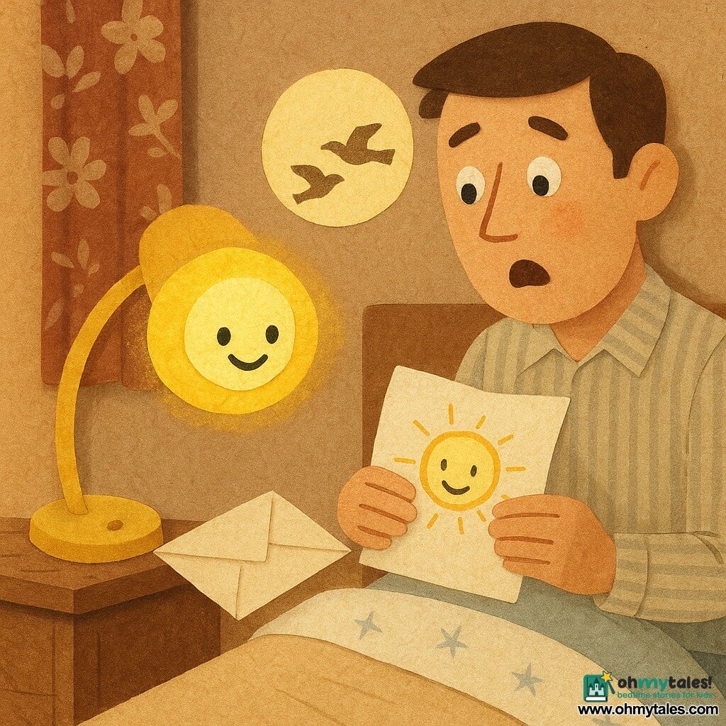 Sunny, a small anthropomorphic bedside lamp made of bright yellow paper with a glowing round bulb, smiles and tilts its wire arm to slip a folded letter under a pillow; Dad, an adult man in a paper collage (brown felt hair, cut striped shirt), looks surprised and moved, sitting on the bed edge reading the open letter. The white pillow has small blue pencil stars and a slight lift where the letter was slipped. The warm, simple bedroom features a textured paper nightstand, a cut floral curtain, and a round window with pale yellow morning light and cut bird silhouettes. The waking moment is tender: Sunny radiates a golden paper halo and the letter bears a small crayon sun, with warm colors and the crisp contrasts of paper collage.