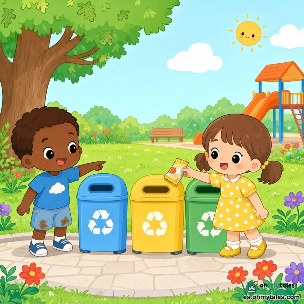 Hay dos niños de 4 años: Clara, con vestido amarillo de lunares blancos y coletas, sonríe mientras coloca un pequeño envase en la papelera amarilla; Miguel, con camiseta azul con nube y rodillas con tierra, ríe y señala la papelera azul. Ambientado en un parque soleado con césped verde, flores rojas y violetas, un gran roble a la izquierda y un tobogán naranja de fondo; tres papeleras alineadas (azul, amarillo, verde) sobre un área pavimentada. Escena alegre y colorida de aprendizaje del reciclaje, ambos depositan envases en los contenedores con gestos claros; composición centrada en los niños y las papeleras.