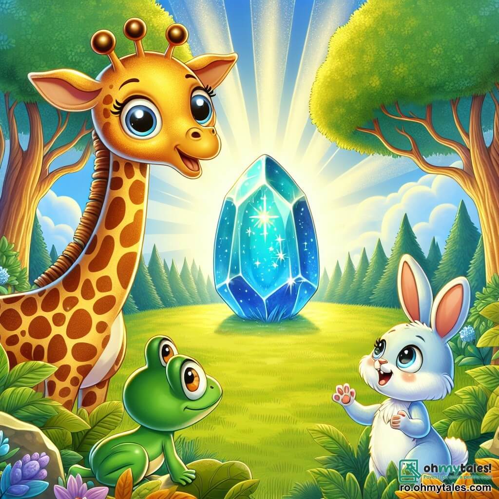 O girafă numită Gigi, cu un gât lung și elegant și pete aurii ca stelele, stă în centrul scenei, cu ochii strălucind de excitație și un zâmbet vesel pe față. Lângă ea, o broască mică verde numită Lili, cu ochi mari și curioși, sare pe o frunză, privindu-l pe Gigi cu entuziasm. Un iepuraș adorabil numit Riki, cu urechi lungi și blană mătăsoasă, stă puțin mai în spate, cu labele din față încrucișate, observând scena cu un aer intrigat. Decorul este o poiană însorită, înconjurată de copaci măreți cu frunze strălucitoare, unde razele de lumină pătrund prin frunziș, iluminând o piatră albastră strălucitoare, simbol al înțelepciunii. Gigi, Lili și Riki stau în fața acestei pietre magice, pregătiți să descopere secretul pe care îl ascunde, un moment de curiozitate și aventură împărtășit între prieteni.