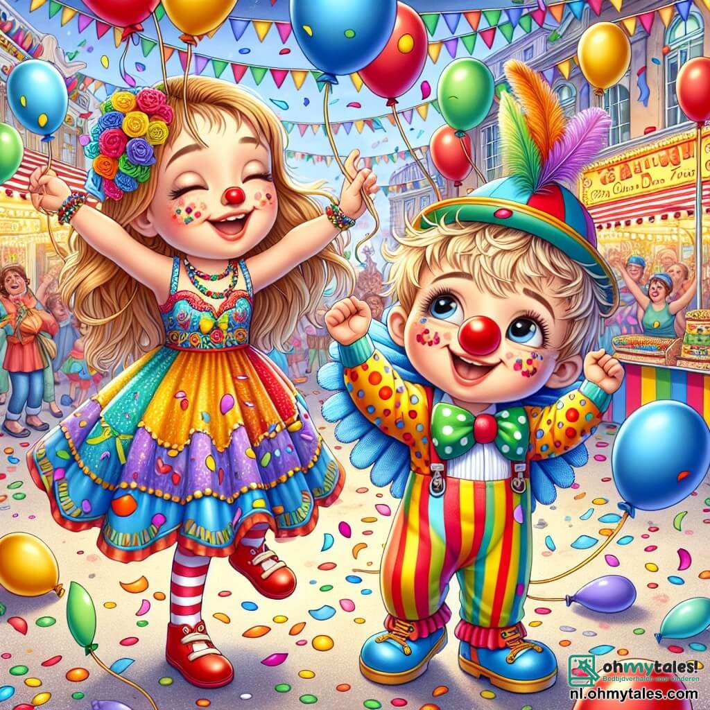 Een jongetje van 1 jaar met rommelig blond haar en roze wangen draagt een kleurrijk clownspak met een grote rode neus. Hij glimlacht verwonderd en steekt zijn armen in de lucht, omringd door kleurrijke ballonnen die om hem heen zweven. Zijn moeder, een vrouw van ongeveer 30 jaar met lang bruin haar, draagt een kleurrijke jurk met feestelijke patronen. Ze danst vrolijk naast hem met een grote glimlach op haar gezicht en gebaart hem om mee te dansen. De scène speelt zich af in een drukke straat, versierd met felgekleurde slingers, met confetti die door de lucht vliegt en mensen die om hen heen dansen en zingen. Achtergrond toont eetstands en spelletjes, wat bijdraagt aan de feestelijke sfeer. Het jongetje en zijn moeder vieren carnaval, waar het jongetje een prachtige grote kleurrijke vlinder ontdekt die om hen heen vliegt, wat een magisch en vrolijk moment creëert.