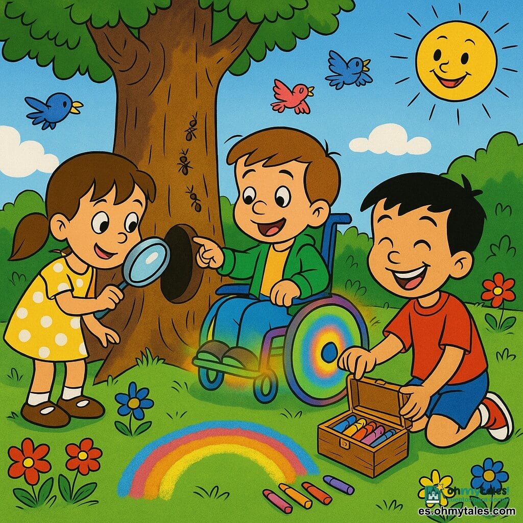 Hay tres niños: Ana, ~6 años, coletas, vestido amarillo con lunares blancos, sostiene una lupa a la izquierda frente al hueco del árbol; Tomás, ~6 años, pelo corto negro, camiseta roja y pantalón corto azul, a la derecha abre una pequeña caja de madera con lápices de colores y sonríe; Luis, ~7 años, castaño claro, chaqueta verde, en una pequeña silla de ruedas mágica que brilla con colores del arcoíris en el centro, sostiene un lápiz apuntando a la caja. Lugar: jardín soleado con césped verde, flores de colores y un gran árbol con tronco hueco; cielo azul y sol sonriente. Situación: los tres reunidos alrededor del hueco del árbol; Tomás abre la caja de lápices vivos, Ana observa con la lupa y Luis está listo para dibujar; en el suelo delante de ellos aparece un arcoíris multicolor dibujado con tiza. Ambiente alegre, cálido, colores saturados, contornos nítidos, estilo cartoon años 90.