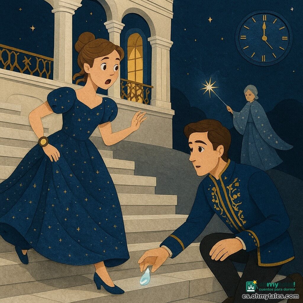 Cenicienta, joven con rostro sorprendido y apresurado, vestido largo azul noche salpicado de pequeñas estrellas doradas, cabello castaño claro recogido en un moño suelto, corre bajando las anchas escaleras de mármol con la falda ondeando y mira hacia atrás; lleva en la muñeca un brazalete‑reloj luminoso que parpadea. El príncipe, unos 20 años, piel clara y cabello castaño peinado hacia atrás, con chaqueta real bordada en oro, arrodillado en un peldaño inferior, recoge un pequeño cristal en forma de gota que se le ha deslizado, con expresión sorprendido‑atento. La antigua hada madrina, mujer de unos 60 años de figura ligera, con un manto semitransparente incrustado de motivos digitales, se alza en una colina oscura a lo lejos sosteniendo un dispositivo de cristal que proyecta filamentos de luz. El palacio tiene grandes columnas blancas, balcones de hierro forjado dorado, ventanas abiertas que muestran un interior dorado y candelabros, y un gran reloj redondo que marca casi la medianoche. Situación: una huida dramática y mágica a medianoche — movimiento, tensión suave y toque de magia moderna con el cristal cayendo y la muñeca luminosa de Cenicienta contrastando con el mármol oscuro. Estilo visual: papel recortado con contornos nítidos, capas superpuestas para profundidad, colores contrastados, texturas de papel visibles, sombras suaves y luz enfocada en el vestido y el cristal.