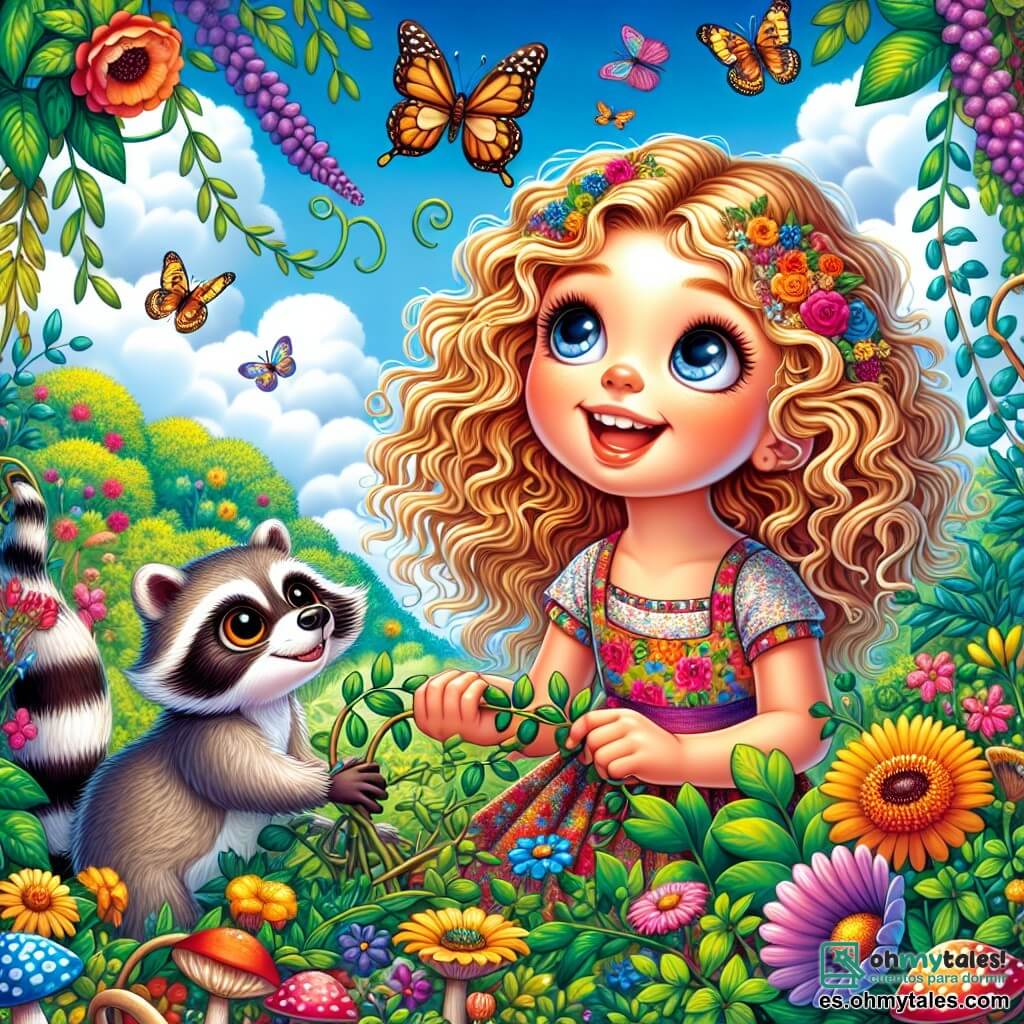 Una niña de 8 años, con cabello rizado y dorado, y grandes ojos llenos de curiosidad, está en medio de un jardín mágico. Lleva un vestido de flores multicolores y una sonrisa radiante. A su lado, un pequeño mapache de ojos traviesos, con pelaje gris y patas ágiles, la observa con admiración, listo para ayudarla en sus descubrimientos. El jardín está lleno de flores brillantes, plantas entrelazadas y hongos coloridos, bajo un cielo azul con nubes esponjosas. Mariposas danzan a su alrededor, añadiendo un toque de magia. La escena principal muestra a la niña liberando al mapache de un enredo de tréboles, con una expresión de determinación y alegría. Juntos, descubren la belleza de la amistad y la diversidad en este jardín encantador.