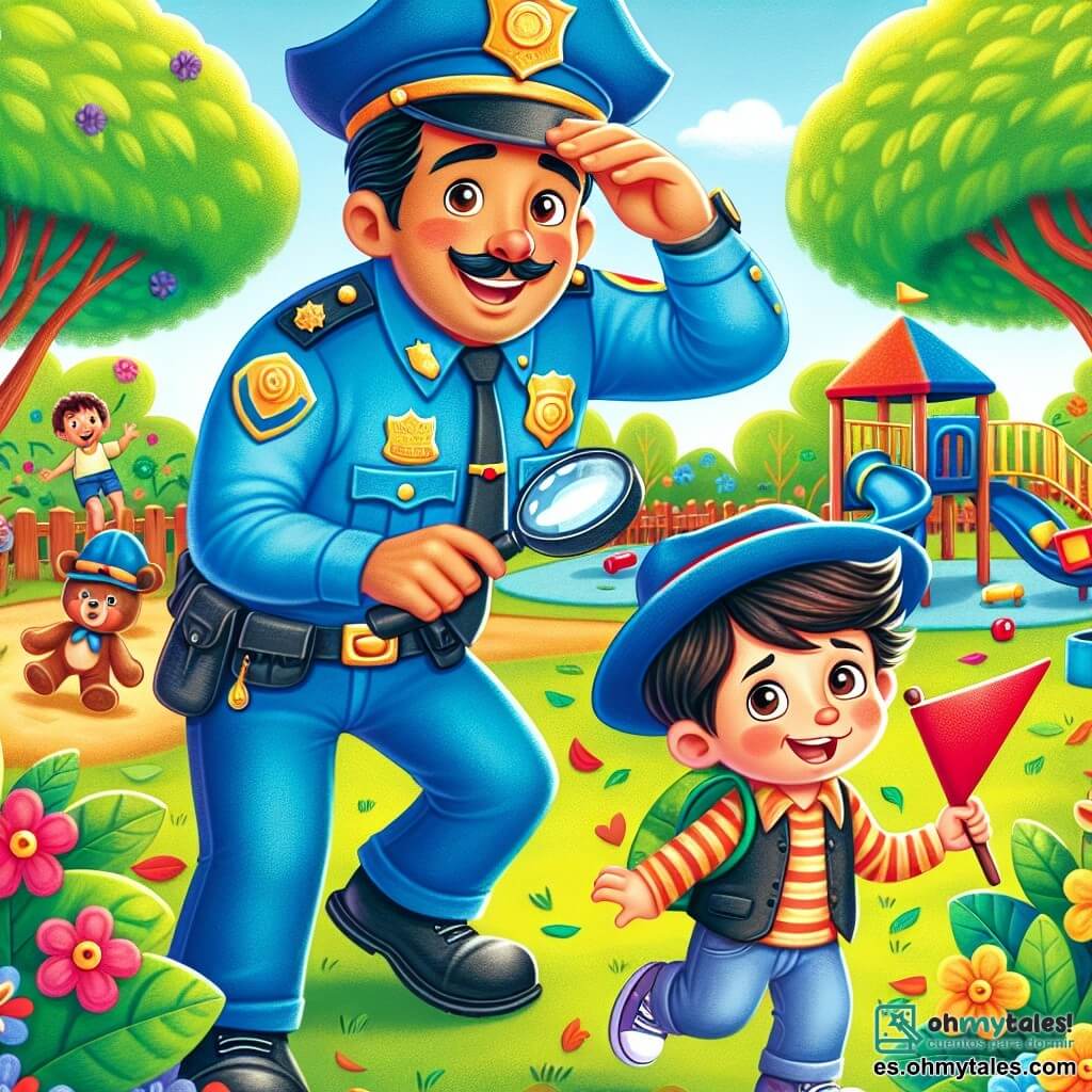 Un policía llamado Pablo, sonriente y benevolente, lleva un uniforme azul brillante y un gran sombrero. Está buscando algo con una expresión decidida en su rostro. A su lado, Leo, un niño de 6 años con cabello castaño y ojos brillantes, sostiene una pequeña bandera roja y mira a su alrededor, preocupado. El parque está lleno de vegetación, con árboles de hojas brillantes, flores coloridas y un área de juegos de madera. En el centro de la imagen, Pablo y Leo buscan juntos el valioso osito de peluche perdido, rodeados de las risas de otros niños que juegan alegremente.