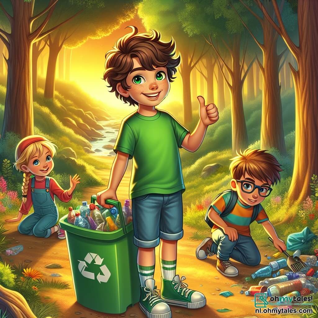 Een 11-jarig jongen, Finn, staat in het midden van de afbeelding met krullend kastanjebruin haar en sprankelende groene ogen. Hij draagt een felgroen T-shirt en een denim short, en glimlacht breed terwijl hij een grote recyclingbak vol kleurrijk afval vasthoudt die hij net uit het bos heeft verzameld. Naast hem moedigt zijn beste vriendin Nora, een 10-jarig meisje met gevlochten blond haar en een roze T-shirt, hem aan met een duim omhoog, terwijl Sam, een 11-jarig jongen met een bril en bruin haar, naast hen knielt en geconcentreerd afval opruimt. De locatie is een weelderig bos, verlicht door gouden zonlicht, met grote majestueuze bomen, kleurrijke bloemen en een grond bedekt met bladeren. In de verte is een glinsterend beekje te zien dat door het landschap slingert. De hoofdactie toont Finn en zijn vrienden die vastbesloten zijn om het bos schoon te maken, omringd door verspreid afval, maar met glimlachen op hun gezichten, wat hun inzet voor milieubescherming en teamgeest illustreert.