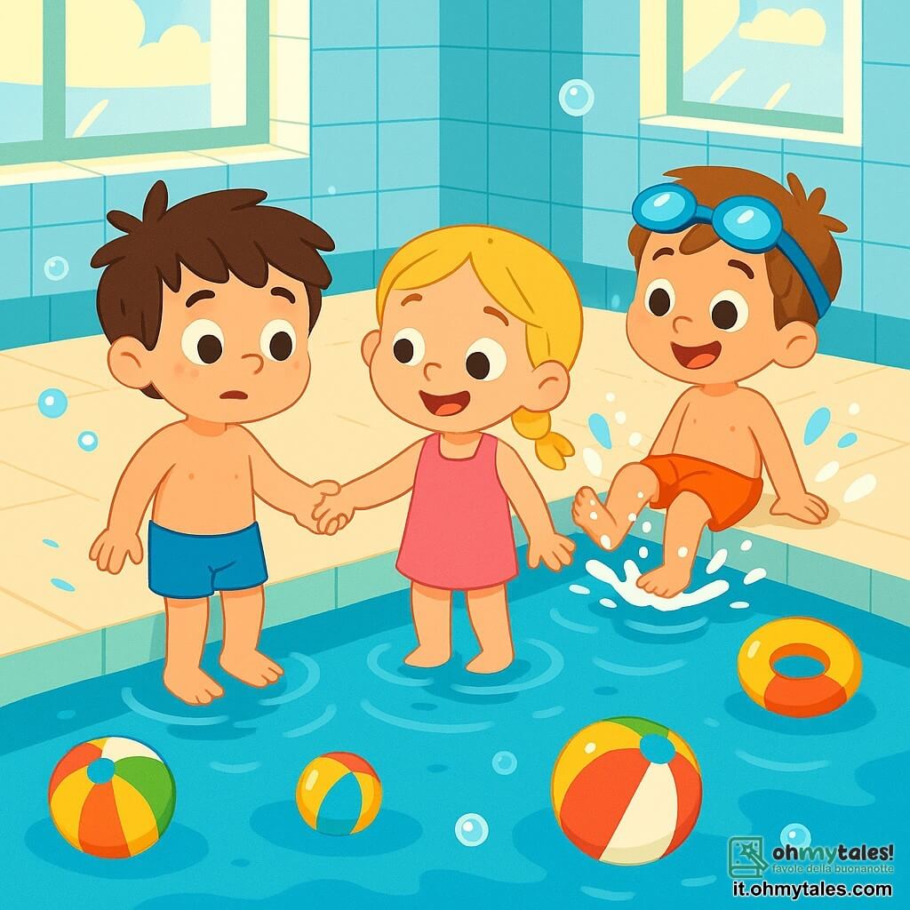 Ci sono 3 bambini: - Luca: un ragazzo di 4 anni, con capelli castani disordinati e occhi vivaci. Indossa un costume da bagno blu e si trova sul bordo della piscina, con i piedi nell'acqua, con un'espressione curiosa e un po' nervosa. - Sara: una ragazza di 4 anni, con capelli biondi intrecciati e un costume da bagno rosa. È accanto a Luca, tenendogli la mano per rassicurarlo, con un grande sorriso sul volto. - Tommaso: un ragazzo di 4 anni, con capelli castani e occhialini da nuoto sulla fronte. È un po' in disparte, ma schizza acqua con i piedi, mostrando che si sta divertendo. La scena si svolge in una grande piscina coperta, con pareti piastrellate di blu e finestre che lasciano entrare la luce del sole. L'acqua è chiara e scintillante, e giocattoli galleggianti colorati sono sparsi intorno. Le bolle d'acqua si alzano attorno ai bambini, creando un'atmosfera gioiosa e ludica. La situazione principale mostra Luca, Sara e Tommaso mentre scoprono la piscina. Luca, un po' titubante, mette i piedi nell'acqua fresca, mentre Sara lo incoraggia con un sorriso radioso e Tommaso schizza felicemente intorno a loro. La scena trasmette amicizia e coraggio di fronte alla paura.