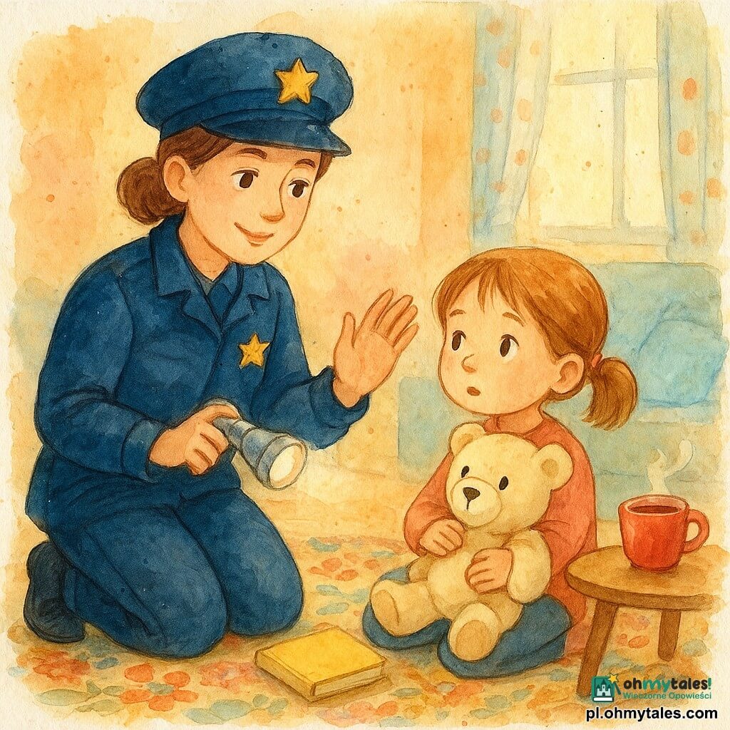 Policjantka, spokojna i uśmiechnięta, o łagodnych oczach, w granatowej kurtce z małą błyszczącą gwiazdką na kieszeni, klęczy przy około 4-letniej Lenie z jasnobrązowymi kucykami, trzyma srebrną latarkę i żółty notes, robi kojący gest; Lena siedzi na kwiatowym dywanie i przytula kremowego pluszowego misia z czarnymi oczkami; przytulny salon z jasną podłogą, kolorowym dywanem, oknem z zasłonkami i parującą filiżanką herbaty; scena ciepła i bezpieczna, delikatne akwarelowe kolory z subtelnymi rozbryzgami.