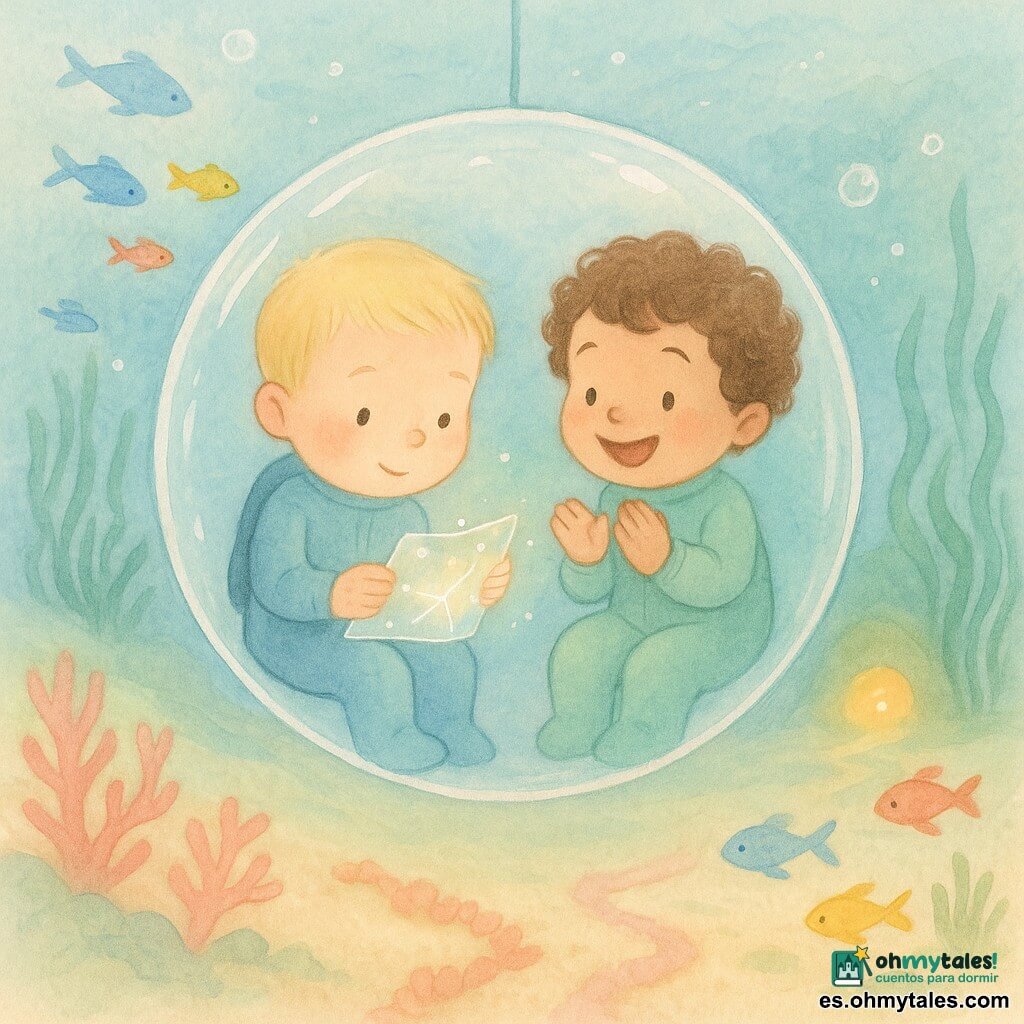 Hay dos niños de 3 años: Léon, rostro redondo, cabello rubio corto, mejillas ligeramente sonrosadas, sentado a la izquierda dentro de una gran burbuja transparente con un traje de buceo azul claro, sostiene delicadamente un mapa que brilla como tinta de estrellas; y Nico, pelo castaño rizado y gran sonrisa, con un traje verde suave, a la derecha de Léon en la misma burbuja, aplaudiendo mientras mira el mapa. El fondo es un mar poco profundo con arena fina beige de textura acuarela, pequeños senderos de coral rosa y naranja, un bosque de algas verde esmeralda que ondula, una cueva lejana que emite una luz cálida, y bancos de peces multicolores y algunas burbujas luminosas ascendentes. Una gran burbuja-cabaña desciende suavemente hacia el fondo; dentro, los dos consultan el mapa estrellado brillante para elegir entre la cueva luminosa, el bosque de algas y el camino de coral; ambiente suave, colores pastel y reflejos blancos en la burbuja y las burbujas circundantes.