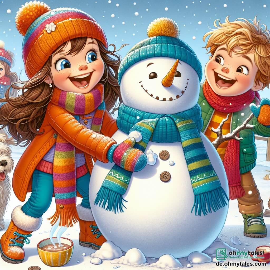 Ein 7-jähriges Mädchen, Mia, mit langen braunen Haaren und rosigen Wangen, lächelt fröhlich, während sie einen großen Schneeball rollt, um einen riesigen Schneemann zu bauen. Sie trägt eine leuchtend orangefarbene Jacke, einen knallblauen Schal und bunte Wollhandschuhe, die ihre Begeisterung und Freude zeigen. Neben ihr sammelt ihr Freund Finn, ein 7-jähriger Junge mit zerzausten blonden Haaren und einem schelmischen Lächeln, kleine Steine für die Augen des Schneemanns. Er trägt eine rote Mütze und eine grüne Jacke und lacht herzlich. Etwas weiter entfernt beobachtet Emma, ein 7-jähriges Mädchen mit lockigem Haar und einem beigen Hund namens Benny, staunend. Sie hält eine Tasse heiße Schokolade in den Händen, bereit, einen Moment der Wärme mit ihren Freunden zu teilen. Der Ort ist ein Winterpark, bedeckt mit einer dicken Schicht funkelnden Schnees unter der Wintersonne. Bäume mit schneebedeckten Ästen umgeben die Szene, und Schneeflocken fallen sanft vom hellblauen Himmel, was eine magische und fröhliche Atmosphäre schafft. Die Hauptsituation zeigt die Kinder, die aktiv zusammen lachen und Spaß haben, während sie ihren Schneemann bauen, was Freundschaft und die Freude an Winterabenteuern symbolisiert.