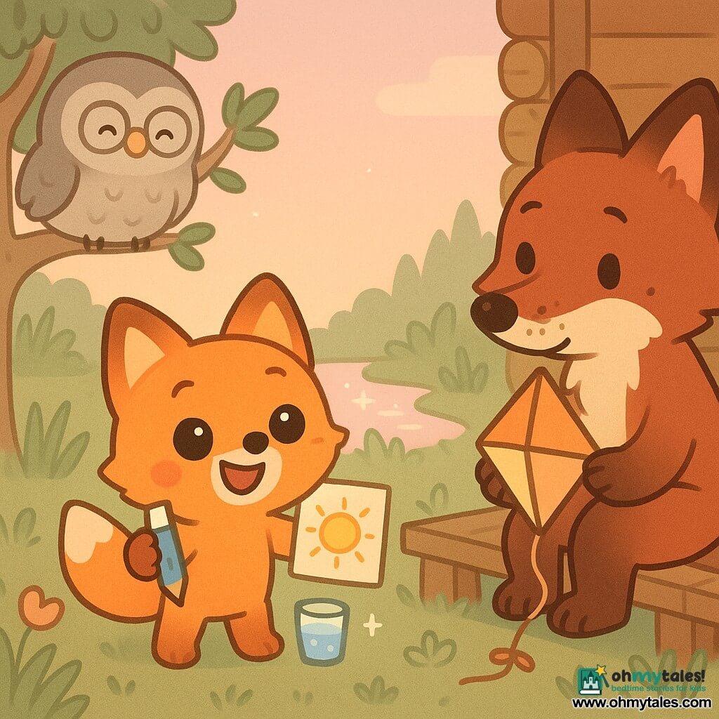 Milo, a small bright orange fox with round shiny eyes, a big smile and rosy cheeks, holds a drawing of a sun and a blue pencil in one paw and a sparkling glass of water in the other, offering them proudly to his father; Papa Fox, an adult with darker russet fur and a muddy muzzle, sits on a small wooden porch holding a repaired kite and looks at Milo with tender surprise, while a sweet round grandmother owl with grey feathers and round glasses watches smiling from a low branch to the left; the scene is a warm, luminous Father's Day moment in a forest clearing at dusk by a log-cabin terrace, a stream reflecting the pink sky and tall grasses, with a few stylized leaves and flowers underfoot.