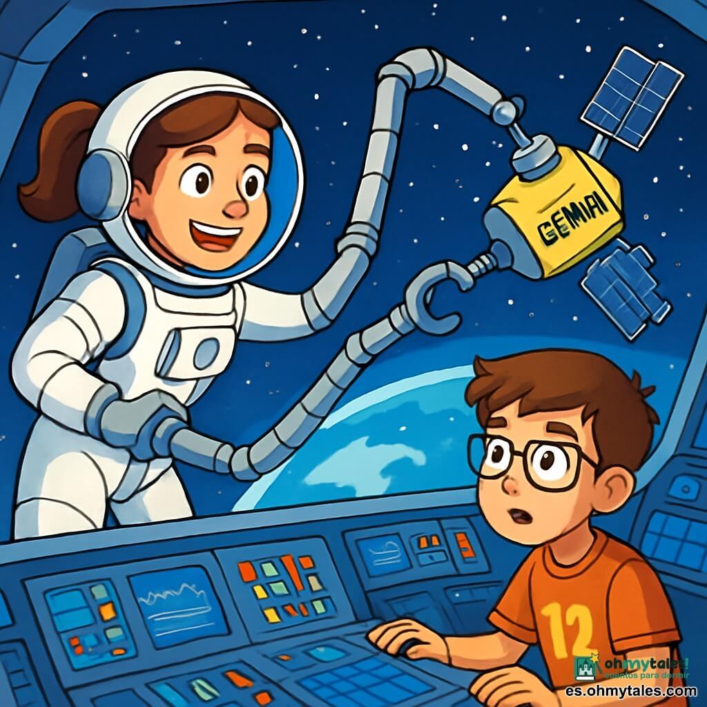 Una astronauta, Valeria, una mujer con el cabello castaño recogido en una coleta, lleva un traje espacial blanco y plateado. Su rostro está iluminado por una sonrisa de emoción y determinación mientras maniobra un brazo robótico con articulaciones flexibles, acercándose a un satélite flotante. Cerca de ella, Javier, un niño de unos 12 años con gafas y cabello castaño, observa atentamente desde el panel de control de la estación espacial, con una expresión de admiración y concentración. El escenario es una estación espacial futurista, llena de paneles de control luminosos y ventanas panorámicas que ofrecen una vista espectacular de un océano de estrellas brillantes y la Tierra al fondo, visible como una hermosa esfera azul. La situación principal muestra a Valeria reparando el satélite Gema, que está dañado y deriva en el espacio, mientras el brazo robótico se extiende con precisión para realizar las reparaciones necesarias, creando una atmósfera de tensión y aventura.