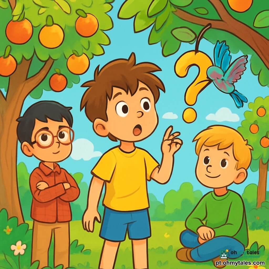 Há 3 personagens: Miguel, um garoto de 10 anos com cabelos castanhos bagunçados e olhos curiosos, vestido com uma camiseta amarela e um short azul, está no centro olhando para um fruto em forma de interrogação pendurado em um galho; Pedro, também de 10 anos, com óculos redondos e cabelos negros, usa uma camisa xadrez vermelha e calças bege, está um pouco à esquerda, com os braços cruzados e uma expressão pensativa; Lucas, igualmente de 10 anos, com cabelos loiros e um sorriso suave, veste um suéter verde e jeans, está à direita, sentado na grama, observando o fruto com um olhar contemplativo. O cenário é um pomar vibrante, com árvores de troncos grossos e folhas verdes brilhantes, carregadas de frutos coloridos sob a luz do sol. O chão é coberto de grama macia e flores silvestres, criando uma atmosfera mágica. No fundo, um céu azul claro com nuvens brancas fofas. Os três amigos estão reunidos em torno do fruto misterioso, simbolizando sua busca pela verdade, enquanto um beija-flor colorido os observa, adicionando um toque de magia à cena de descoberta e reflexão.