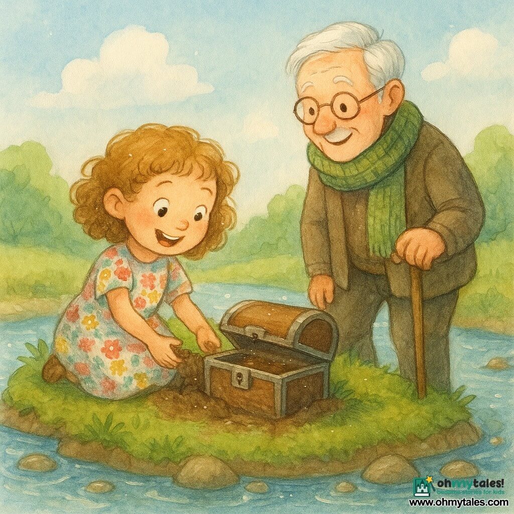 A six-year-old girl, Rosie, with light brown curly hair and sparkling eyes, is kneeling on a green island, digging with her hands in the soft earth. She has a look of wonder and is wearing a colorful floral dress. Beside her, an elderly man, Mr. Reed, with shiny glasses and a knitted scarf, watches kindly, holding a small wooden stick. He stands slightly back, near Rosie, on the island. The island is surrounded by a shimmering stream, with round stones emerging from the clear water. The sky is a soft blue with a few fluffy white clouds. The main scene shows Rosie discovering a small metal chest, her face lit up by the discovery, while Mr. Reed encourages her with a warm smile.
