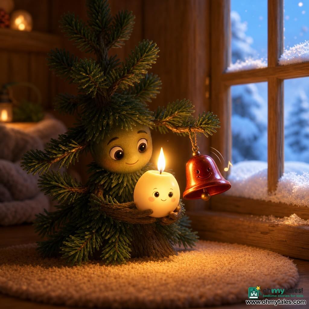 A small egg-shaped candle with a smiling yellow-gold flame and a simple face sits on a green fir branch, the cute conifer with dark needles holding it like hands; a shiny red bell with a tiny engraved smile hangs nearby, powdery snow with glittering crystals rests on a windowsill behind, and the warm, intimate room of light wood and a beige rug is bathed in golden light around the candle, creating a peaceful, cozy Christmas scene with warm tones contrasting the cold snowy background.