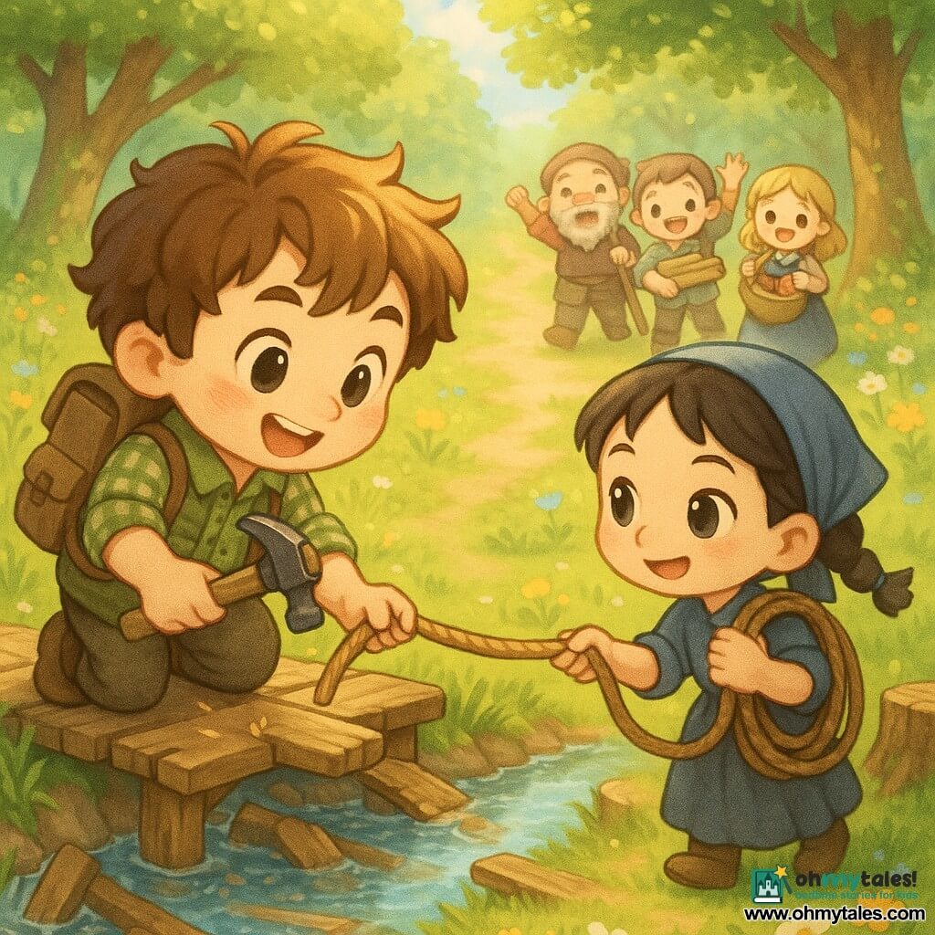 A man (Thomas) with a round face, messy chestnut hair and bright eyes, determined and joyful, wearing a plaid shirt, khaki vest and canvas backpack, holding a plank and hammer while fixing a beam on an improvised bridge over a stream; a girl (Eliza), about 11–12, small with black braided hair and a blue scarf, mischievous yet focused, handing a rope from the opposite bank beside a stump; chibi-style villagers in the background bringing tools, apple baskets and boards, applauding; a sunny clearing with dense trees, tall grass, colorful wildflowers, mossy rocks, a half-collapsed old bridge and a clear sparkling stream; a warm, optimistic, dynamic communal bridge-building scene in soft pastel kawaii chibi style.