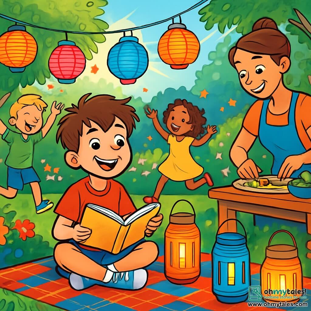 A 10-year-old boy named Jamie, with tousled brown hair and sparkling curious eyes, is sitting on a checkered blanket in a lush garden. He smiles enthusiastically while holding an open book on his lap, surrounded by colorful lanterns he made. Next to him, his mother, a woman in her thirties with brown hair in a bun, prepares snacks on a wooden table, displaying a warm and encouraging smile. In the background, Jamie's friends, a boy with blond hair and a girl with curly hair, laugh and dance around the lit lanterns, creating a festive atmosphere. The garden is filled with vibrant flowers and leafy trees under a bright blue sky, with sunlight filtering through the branches. The scene captures the excitement and joy of a summer party, full of laughter, colors, and light.