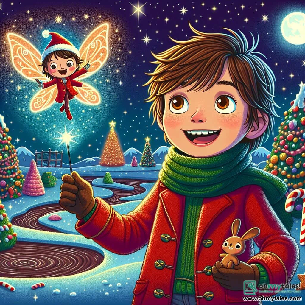 A 9-year-old boy named Oliver, with tousled brown hair and sparkling curious eyes, stands at the center of the scene, a wide smile lighting up his face. He wears a bright red coat, a wool scarf, and gloves, while he gazes in awe at a small shimmering sprite. Next to him, Twinkle, the Christmas Sprite, is a magical creature the size of a rabbit, with shiny butterfly wings and sparkling fur. He joyfully flies around Oliver, leaving a trail of stardust behind. The setting is a fairy-tale landscape of the Christmas Dreamland, with candy cane trees, mountains of sweets, and a starry sky illuminated by the moon. Snowflakes gently fall, adding a touch of magic to the atmosphere. The scene depicts Oliver and Twinkle discovering the beauty of this enchanted world together, with chocolate rivers winding through the landscape and the laughter of elves in the background, creating a joyful and festive ambiance.