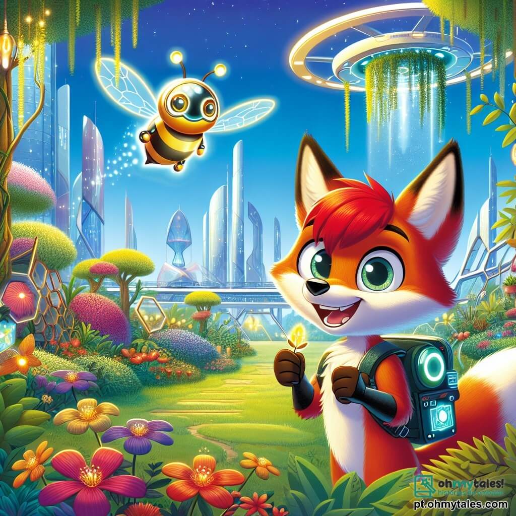 Um jovem raposinho com pelagem ruiva brilhante e olhos cheios de excitação está no centro da imagem, com um grande sorriso no rosto. Ele usa uma pequena mochila futurista e segura uma semente brilhante com as patas dianteiras, pronto para plantá-la. Ao seu lado, um pequeno drone em forma de abelha, com asas translúcidas e luzes piscantes, voa alegremente ao redor, exibindo uma expressão amigável e brincalhona. Ao fundo, um exuberante jardim suspenso se estende, repleto de flores coloridas e árvores com folhas cintilantes, enquanto edifícios futuristas de vidro e metal se erguem majestosos, iluminados por luzes suaves e quentes. A cena mostra o raposinho e o drone preparando uma mini-floresta, cercados por plantas que parecem vibrar de vida, sob um céu azul claro com nuvens leves.