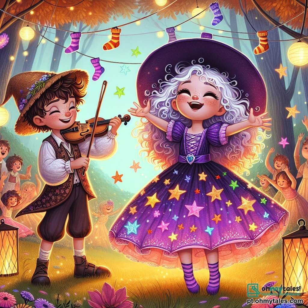 No centro da imagem está Lila, uma jovem aprendiz de bruxa de nove anos, com cabelos cacheados e indomáveis, vestida com um vestido roxo adornado com estrelas cintilantes. Ela exibe um grande sorriso maravilhado, os olhos brilhando de alegria, enquanto observa suas meias coloridas dançando no ar ao seu redor. À sua direita está Tito, um menino de dez anos, com cabelos castanhos bagunçados e um chapéu de palha na cabeça. Ele toca violino mágico, seus dedos deslizando com facilidade nas cordas, criando uma melodia envolvente que faz as meias rodopiarem. Ao fundo, o cenário é uma clareira encantada, cercada por grandes árvores com folhas douradas, onde flores multicoloridas dançam ao ritmo da música. Lanternas flutuantes iluminam a cena, adicionando um toque de magia à atmosfera festiva. A situação principal mostra Lila e Tito celebrando a magia das meias em uma alegre festa, onde risos e música se misturam à dança das meias, criando uma atmosfera cheia de alegria e encanto.