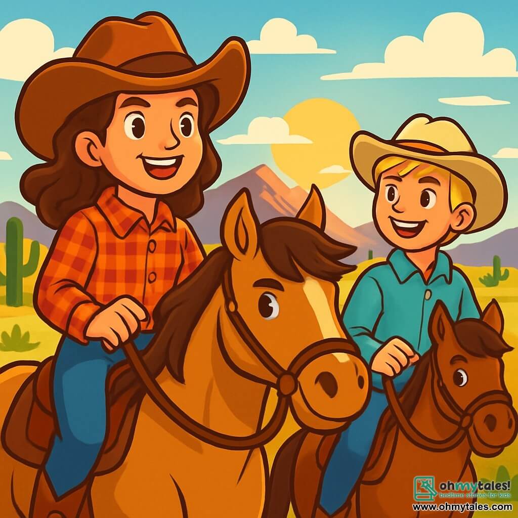 Clara, a young cowgirl with wavy brown hair, wears a cowboy hat and a red plaid shirt, her face shining with determination and excitement. She is riding her horse, Dusty, a golden-brown mustang, with a proud and confident look. Beside her, Jake, a 12-year-old boy with blond hair and sparkling eyes, smiles while holding the reins of his own horse, ready to join her on the adventure. The setting features a vast prairie landscape with rolling hills, scattered cacti, and a bright blue sky dotted with fluffy white clouds. In the distance, majestic mountains rise under a golden sunset, illuminating the scene with warm light. The main situation shows Clara and Jake, ready to search for a new gold vein, their faces lit up with the excitement of the adventure ahead.