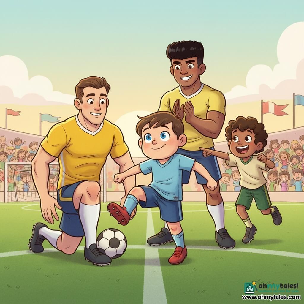 A round-faced 10-year-old boy (Sako) with sparkling blue eyes and a confident smile performs a nutmeg in a light blue worn short-sleeve jersey and muddy red shoes as the ball slips between another player's legs; a surprised but kindly 30-year-old man (Alex Swift) with an athletic build and short brown hair kneels forward in a bright yellow club jersey and white shin guards; a tall muscular 17-year-old teen (Itachi) with short black hair stands behind Sako on the sideline applauding, while an 11-year-old boy (Jason) with curly hair and a big laugh jumps excitedly pointing at Sako in green shorts; setting is a vivid artificial turf pitch with clear white lines, a distant goal, colorful children-filled stands, fluttering flags and a low pastel sky creating a triumphant, warm, comic-style scene with saturated colors and soft shadows.