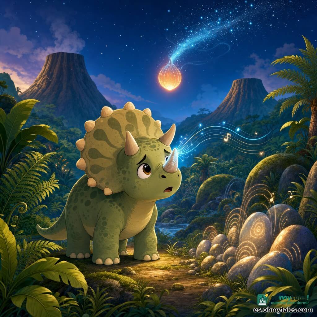 Un joven tricératops llamado Trébol, de piel verde salvia con manchas oscuras, cuerpo algo redondeado, tres cuernos cortos y una cresta beige, mira con ojos grandes y expresión mezcla de curiosidad y ansiedad; su cuerno central vibra emitiendo finas líneas luminosas azuladas y plateadas mientras inclina la cabeza hacia una luz lejana. A la derecha, piedras redondeadas del Valle del Eco brillan y repiten pequeños ondajes sonoros; detrás, una luciérnaga gigante, la Semilla de Estrella, desciende lentamente como una semilla naranja-rosada dejando un rastro de polvo estelar azul pálido. El valle prehistórico está lleno de helechos, hojas grandes, rocas musgosas y dos volcanes dormidos bajo un cielo azul profundo; la iluminación contrapone la fría luz azul de la semilla con los tonos verdes cálidos del paisaje, creando una atmósfera mágica y de aventura inminente.