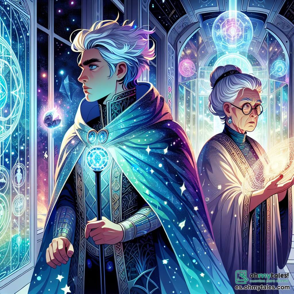 Un hombre llamado Altair, con cabellos plateados flotando como estrellas, lleva una capa azul noche brillante. Su rostro expresa determinación y asombro, mientras sostiene un cetro resplandeciente en su mano. A su lado, la Archimaga Sirene, una mujer mayor con cabello blanco y gafas redondas, observa atentamente una pantalla holográfica, con sus ojos chispeantes de sabiduría. La escena se desarrolla en el corredor principal de la Estación Aurora, donde paredes de cristal transparente dejan entrever estrellas brillantes y nebulosas coloridas. Runas mágicas iluminan el espacio, creando una atmósfera mística y futurista. Altair se encuentra frente a una puerta bifurcada, dudando entre tres caminos luminosos, mientras una sombra amenazante se perfila a lo lejos, amenazando con engullir la estación.