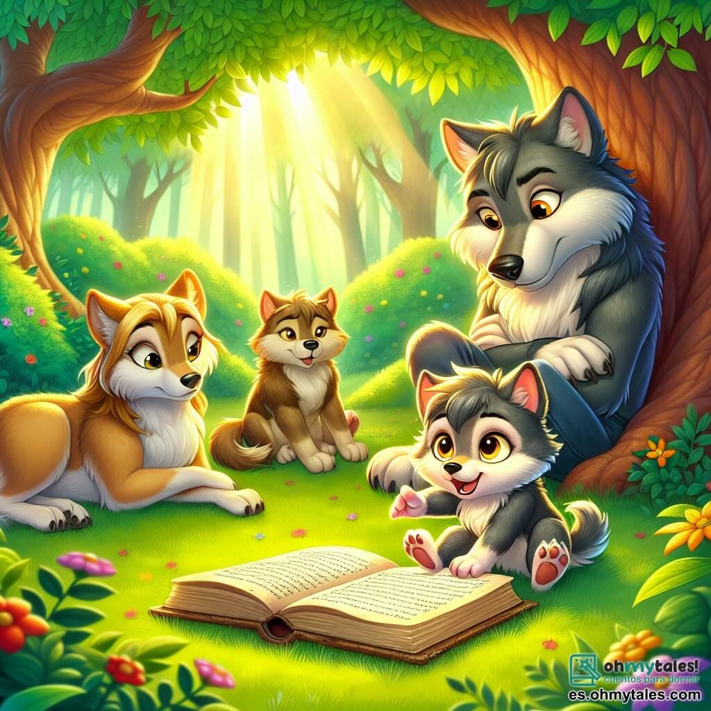 Un pequeño lobo de ojos amarillos brillantes y pelaje gris suave, con una expresión de curiosidad y determinación, se encuentra en el centro de la escena, hojeando un libro antiguo con páginas amarillentas, sentado bajo un gran árbol de hojas verdes brillantes. A su derecha, su mamá, una dulce loba de pelaje marrón claro y ojos cariñosos, observa con una sonrisa cálida, sentada en la hierba, mientras que a su izquierda, su papá, un gran lobo de pelaje oscuro y aspecto imponente, cruza los brazos, mostrando una expresión pensativa, mirando a su hijo con interés. El decorado es un hermoso bosque, lleno de flores coloridas y rayos de sol filtrándose a través de las ramas, creando un ambiente pacífico y acogedor. La situación principal muestra al pequeño lobo compartiendo con su familia las lecciones que ha aprendido sobre la comunicación, rodeado del amor y la escucha de sus padres.