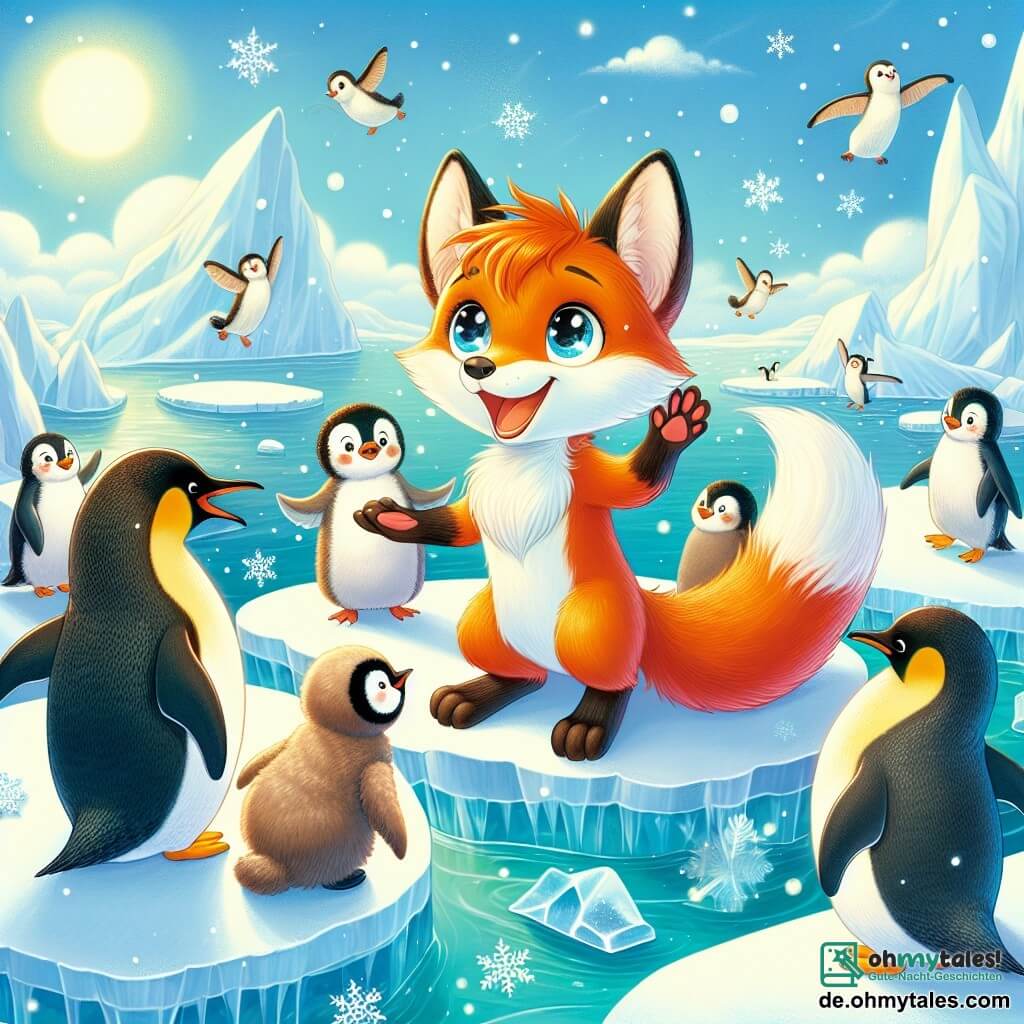 Ein junger Fuchs namens Felix mit leuchtend orangefarbenem Fell und glänzenden Augen drückt Freude und Staunen aus. Er steht auf einem großen Eisberg, die Vorderpfoten erhoben, und schaut fasziniert auf eine Gruppe von Pinguinen, die um ihn herumtanzen. Unter den Pinguinen lächelt ein großer schwarz-weißer Pinguin namens Pingu breit, mit offenen Flügeln als Zeichen der Begrüßung, während ein kleiner, schüchterner Pinguin mit zerzausten Federn sich hinter Pingu versteckt, aber Felix neugierig ansieht. Die Szenerie zeigt eine wunderschöne Eislandschaft mit funkelnden Eisbergen unter der Sonne, sanft schwebenden Schneeflocken in der Luft und einem hellblauen Himmel, der mit flauschigen weißen Wolken übersät ist. Die Hauptsituation zeigt Felix, den Fuchs, der die Schönheit der Antarktis entdeckt und Freundschaft mit den Pinguinen schließt, während sie gemeinsam das Ende ihrer Suche nach dem verlorenen kleinen Pinguin feiern.