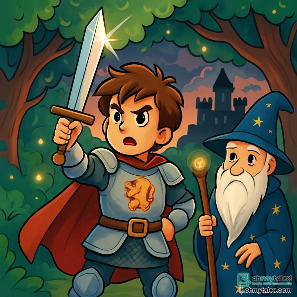 Un giovane cavaliere, Sir Leon, si trova coraggiosamente al centro dell'immagine. Ha i capelli castani disordinati, occhi brillanti di determinazione e indossa un'armatura lucente decorata con un emblema di leone. Il suo volto esprime intensa concentrazione mentre brandisce la sua spada scintillante, pronto ad affrontare l'ignoto. Alla sua destra, il vecchio saggio Merlin, un uomo anziano con lunga barba bianca e occhi saggi, osserva attentamente. Indossa una tunica blu notte ricamata con stelle dorate e tiene un bastone magico, pronto a dare consigli a Sir Leon. Sullo sfondo, si estende una foresta densa e misteriosa, con alberi dai tronchi nodosi e foglie di un verde brillante, mentre bagliori magici danzano tra i rami. La situazione principale mostra Sir Leon, determinato a salvare la principessa Elira, prigioniera in un castello buio in lontananza, circondato da nuvole minacciose. L'immagine cattura il momento in cui si appresta a entrare nella foresta stregata, pronto ad affrontare tutti i pericoli per compiere la sua eroica missione.