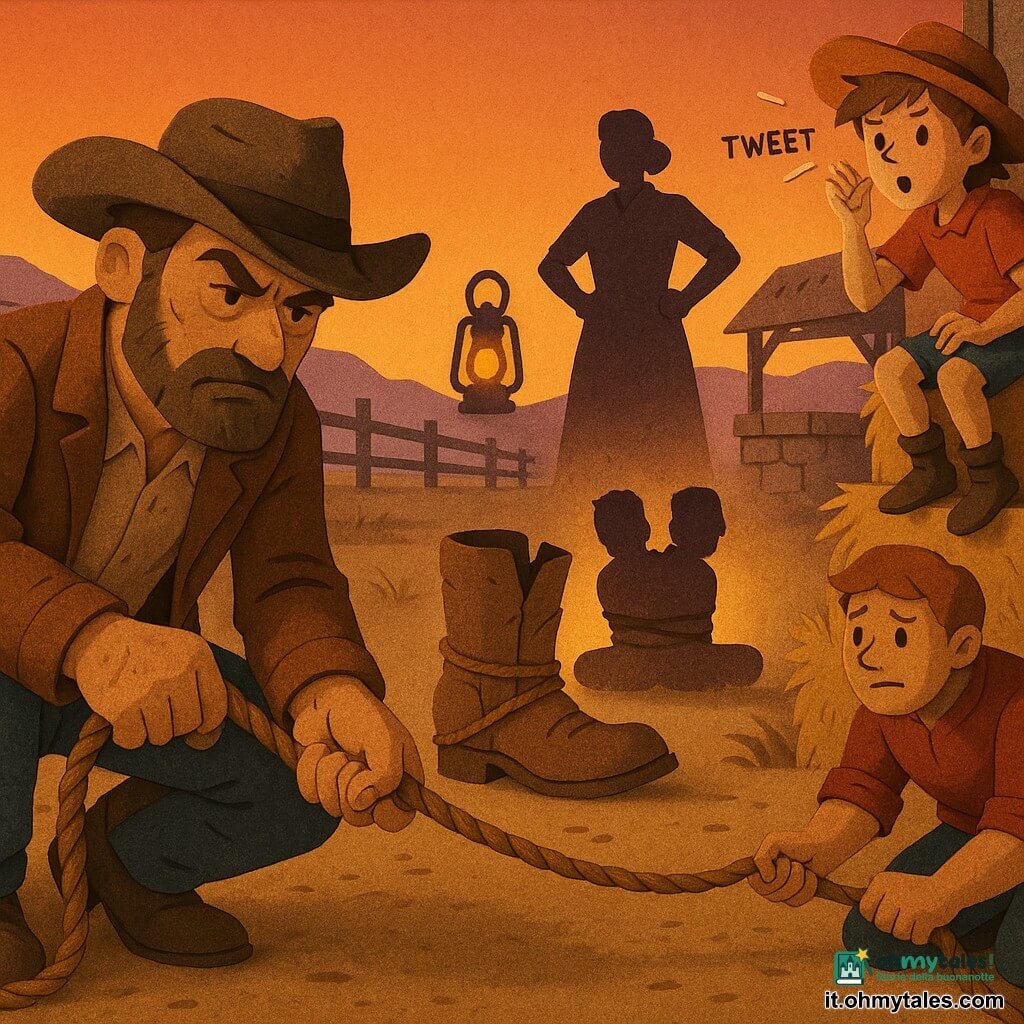 Il personaggio principale è Cole, uomo adulto con barba, occhi socchiusi e sguardo determinato, cappello da cowboy consumato e giacca di pelle marrone, inginocchiato accanto a una grande botte-finta di legno mentre tira una corda; mani impolverate. Tessa, ragazza di circa 13 anni, capelli corti spettinati e cappello troppo grande, sguardo preoccupato ma coraggioso, in cima al fienile a destra che fischia per avvisare. Mae, donna adulta dalla silhouette solida, mani sui fianchi e occhi rasserenati, vicino a un vero pozzo sullo sfondo con una vecchia lanterna spenta. Hank, uomo robusto e rosso, espressione pentita, inginocchiato a sinistra con una corda, pronto ad aiutare. Piccolo ranch desertico al crepuscolo: terreno polveroso ocra, recinzioni di legno, fienile, erbe secche, colline violette e cielo arancione. Scena della cattura dei sabotatori: due ombre legate vicino a una botte spaccata, illuminazione calda di lanterna, polvere in sospensione, tensione trasformata in sollievo, colori contrastati e texture tipo carta ritagliata.