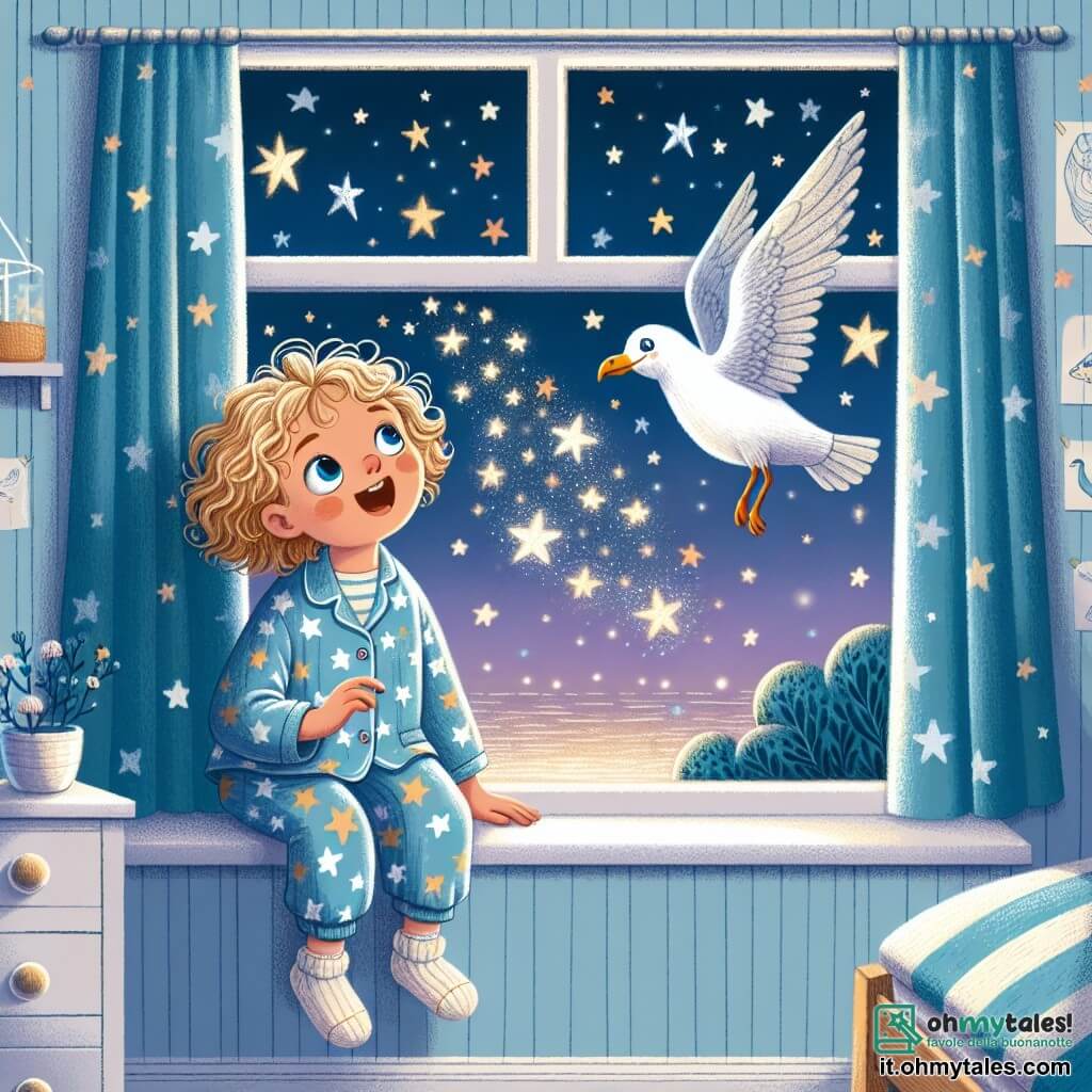Una bambina di 2 anni, di nome Luna, con capelli ricci e dorati, grandi occhi brillanti e un sorriso meravigliato, è seduta sul davanzale della sua finestra. Indossa un pigiama blu stellato e osserva con fascinazione il cielo notturno, dove stelle scintillanti danzano. Accanto a lei, un gabbiano saggio, con piume bianche e grigie, dal look amichevole e intelligente, plana nell'aria, pronto a parlarle. La scena si svolge nella camera di Luna, una stanza accogliente con pareti dipinte di blu pastello, decorata con disegni di stelle e lune. Una dolce luce di luna filtra dalla finestra, illuminando la stanza di un bagliore argentato. Luna, meravigliata, sta conversando con il gabbiano, che le spiega il segreto delle stelle e dei sogni, mentre le stelle brillano intensamente, creando un'atmosfera magica e sognante attorno a loro.