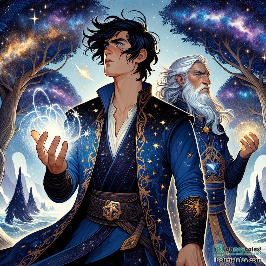 Al centro dell'immagine, Kael, un uomo di circa 30 anni, si erge con determinazione, i suoi capelli neri fluttuano leggermente nel vento cosmico. I suoi occhi brillano di un blu profondo, riflettendo l'immensità dello spazio, mentre alza la mano, canalizzando un'energia luminosa che scintilla attorno a lui. Alla sua destra, un vecchio mago con capelli bianchi e lunga barba, di circa 70 anni, indossa una tunica blu decorata con stelle dorate. Alza anche le mani, pronto a unire i suoi poteri con Kael, il suo viso segnato dalla saggezza e dall'intensità del momento. Sullo sfondo, l'Isola delle Stelle si erge maestosamente, con alberi dalle foglie scintillanti e cristalli fluttuanti che illuminano l'atmosfera con una dolce luce. Il cielo è punteggiato di galassie colorate, creando uno sfondo magico. La scena rappresenta il momento in cui Kael e il mago evocano insieme una potente magia per respingere una nave ammiraglia nemica, un'esplosione di luce che emana dalle loro mani, simboleggiando l'unione delle loro forze di fronte all'avversità.