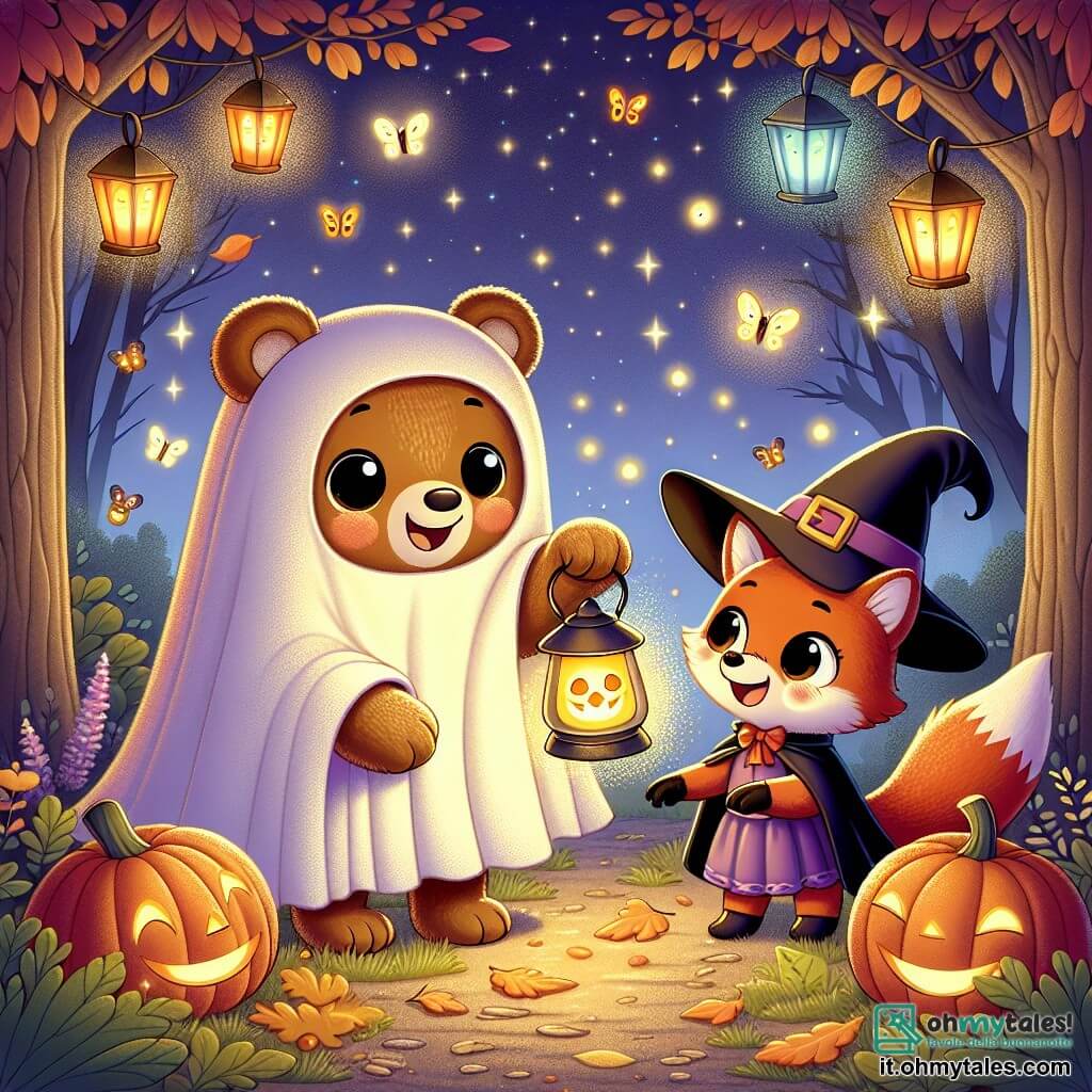 Un grande orso bruno, chiamato Bruno, con un peluche morbido e occhi brillanti di curiosità, indossa un costume da fantasma fatto di un lenzuolo bianco, con due buchi per gli occhi. Sorride gioiosamente, tenendo una lanterna magica che brilla intensamente nella notte di Halloween. Accanto a lui, una piccola volpe rossa, chiamata Lila, vestita da strega con un cappello a punta, guarda la lanterna con meraviglia, i suoi occhi brillano di eccitazione. Il contesto è un bosco incantato, illuminato da lanterne colorate appese agli alberi, foglie dorate cadono delicatamente intorno a loro, e zucche sorridenti sono sparse sul terreno. La scena principale mostra Bruno e Lila, meravigliati, che scoprono una splendida zucca dorata che brilla in mezzo alla radura, circondata da lucciole che danzano nell'aria fresca della notte.