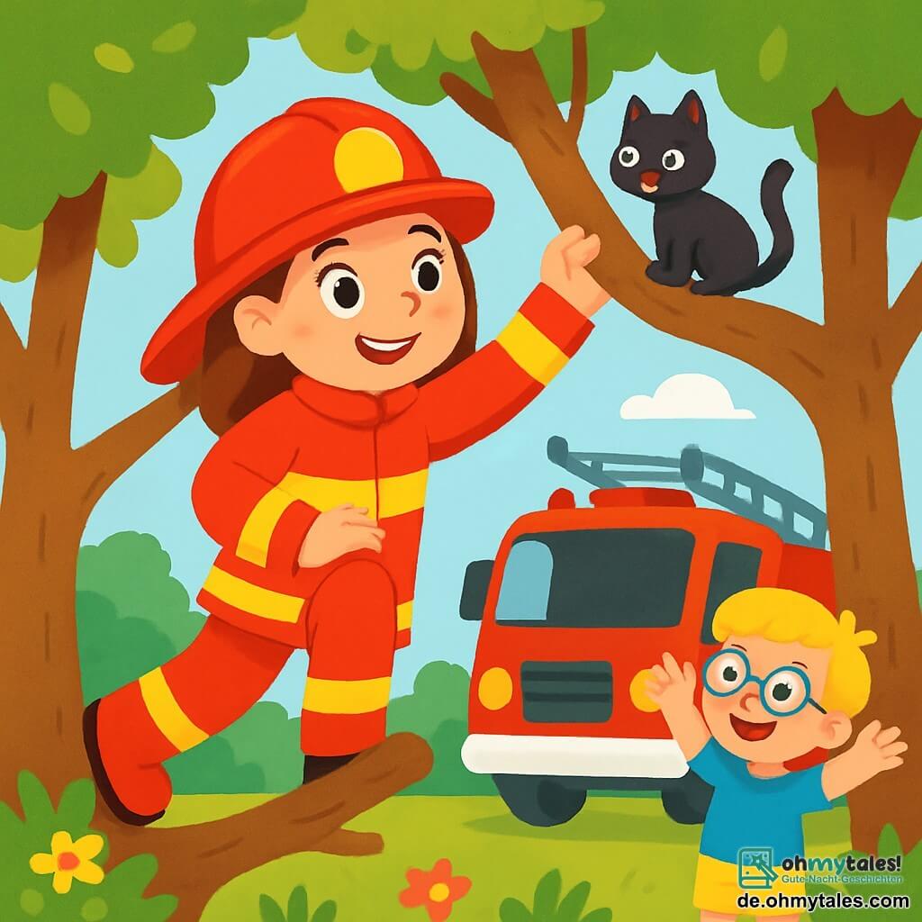 Eine lächelnde Feuerwehrfrau mit einer großen roten Mütze und einer glänzenden Jacke steht stolz neben ihrem großen roten Feuerwehrauto. Ihre Augen strahlen Entschlossenheit und Freude aus, während sie eine kleine schwarze Katze auf einem Ast betrachtet. Ein etwa 5-jähriger Junge mit blonden Haaren und einer Brille steht neben dem Truck, die Arme zum Zeichen der Ermutigung erhoben. Er trägt ein blaues T-Shirt und eine gelbe Shorts und lächelt bewundernd zur Feuerwehrfrau. Der Ort ist ein grüner Park mit großen Bäumen und einem blauen Himmel, der mit weißen Wolken gesprenkelt ist. Der Boden ist mit grünem Gras und bunten Blumen bedeckt, die der Szene Leben verleihen. Die Hauptsituation zeigt die Feuerwehrfrau, die mutig den Baum hinaufklettert, bereit, die miauwende kleine Katze zu retten, während der Junge applaudiert und seine Heldin anfeuert.