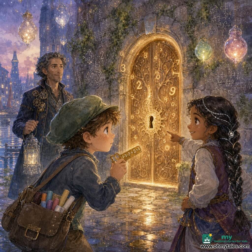 An 8-year-old boy, Milo, anxious but determined, round freckled face, oversized green cloth cap, leather satchel with colored chalks, holding a small brass key engraved with an equation, leaning forward with bright eyes; an ~8-year-old girl, Kiri, confident and mischievous, tan skin, long braid threaded with silver, pointing at the door and smiling, standing to Milo’s right; Professor Talon, ~50, thin silhouette in a dark coat dotted with small golden gears, watching in the background with his hand on a silver lantern; a cobbled courtyard in Port Numeris at dusk with blown-glass floating lanterns on invisible wires, walls painted with equations, worn stone textures, green moss stains and water reflections near a small canal; Milo and Kiri stand before a large carved oak door inscribed with a calculation that emits a soft glow and floating digits—warm science-fantasy atmosphere, pastel contrasts and bright metallic accents, composition centered on the boy’s emotion as he holds the key.