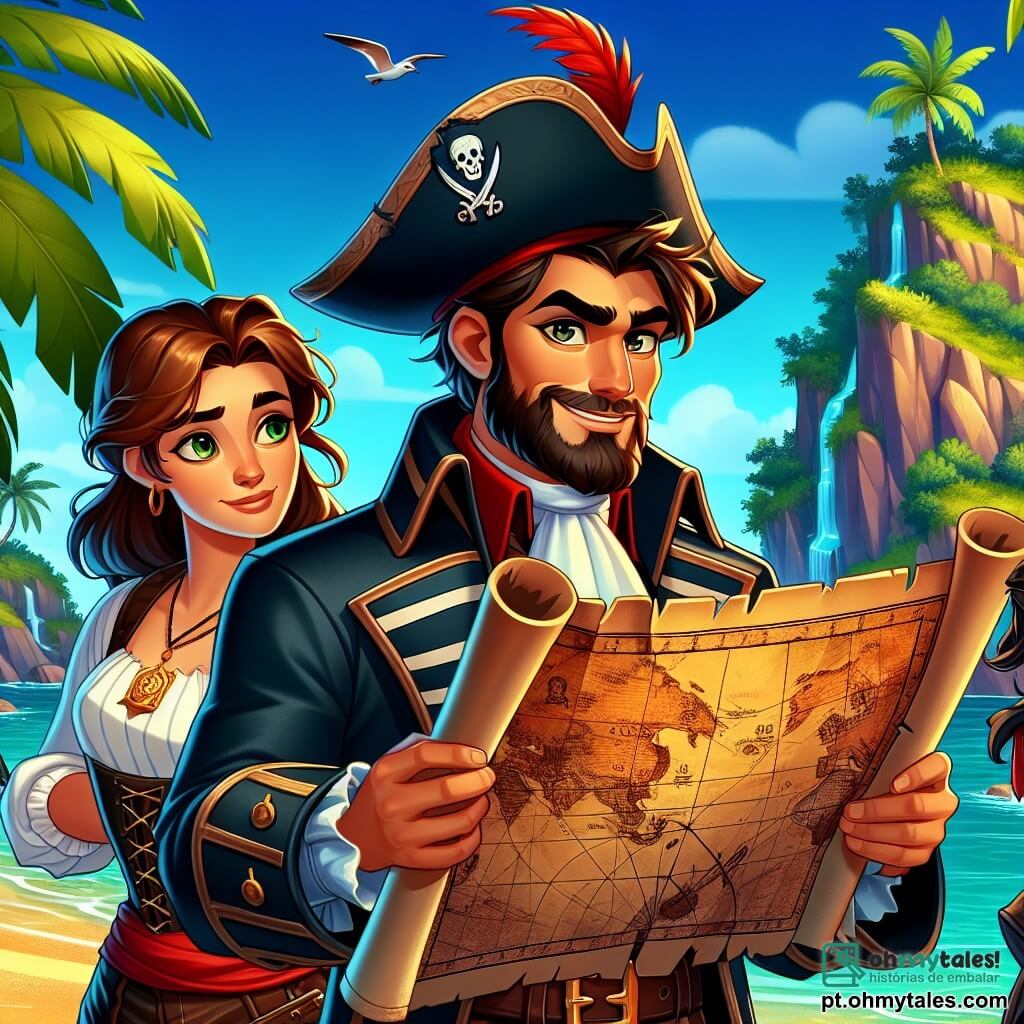 O personagem principal, o Capitão Henrique, é um homem de cerca de trinta anos, com barba marrom e olhos brilhantes de malícia. Ele usa um chapéu de tricorne preto adornado com uma pena vermelha e um longo manto azul, segurando um antigo mapa do tesouro com um sorriso determinado no rosto. Ao seu lado, Marinela, uma jovem de cerca de 25 anos, com cabelos longos e cacheados, vestida com uma blusa branca e calças de couro, examina atentamente o plano, seu rosto concentrado e curioso. Jorge, um homem forte de cerca de quarenta anos, com um grande sorriso e uma camisa listrada, segura firmemente uma corda, pronto para ajudar seu capitão. A cena se passa em uma ilha tropical, com palmeiras verdes, rochas íngremes e uma praia de areia dourada, banhada por águas turquesas brilhantes sob um céu azul radiante. O grupo de piratas descobre uma caverna misteriosa, diante de uma imensa rocha, com o coração acelerado de excitação, enquanto se preparam para entrar em busca do lendário Cristal do Mar.