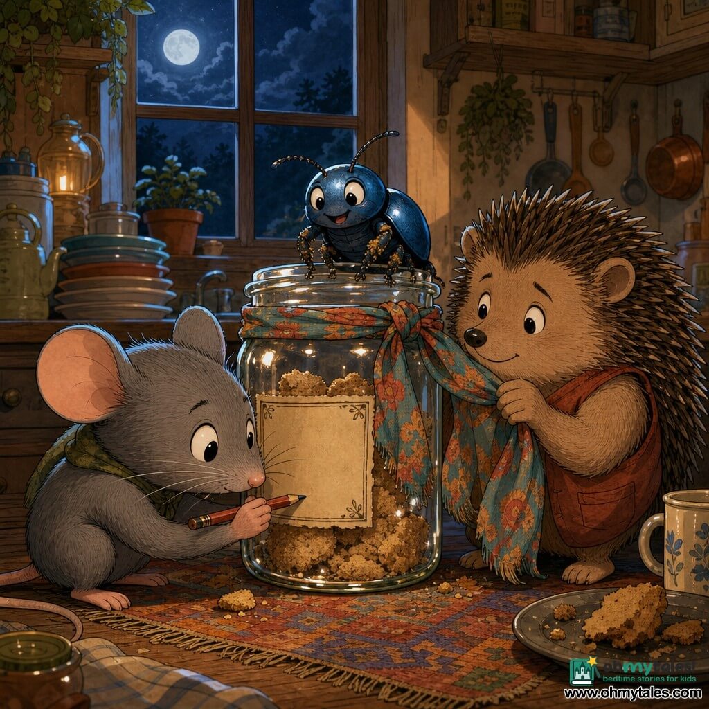 Pip, a small gray mouse with big round eyes and fine whiskers, kneels with a gentle, focused expression writing a handwritten label with a worn pencil; Bramble, a round brown hedgehog with soft quills, stands shy and relieved, holding a colorful strip of fabric like a scarf to wrap the jar; Clink, a tiny metallic blue beetle, perches on the jar’s rim, proud and joyful with biscuit crumbs on his legs, looking at his friends. The large glass jar sits on a wooden countertop, decorated with a handmade label and tied scarf, the kitchen light reflecting softly on the glass; the warm, slightly messy background shows light wood counters, stacked dishes, a patterned rug under their paws and moonlight through the window casting long soft shadows. Main scene: three friends lovingly transform an empty jar into a “worry jar,” tender gestures and calm expressions, composition centered on the jar and close faces. Graphic style: clear lines, warm saturated colors, pencil and light watercolor textures, soft contrasting light for a comforting nighttime mood.