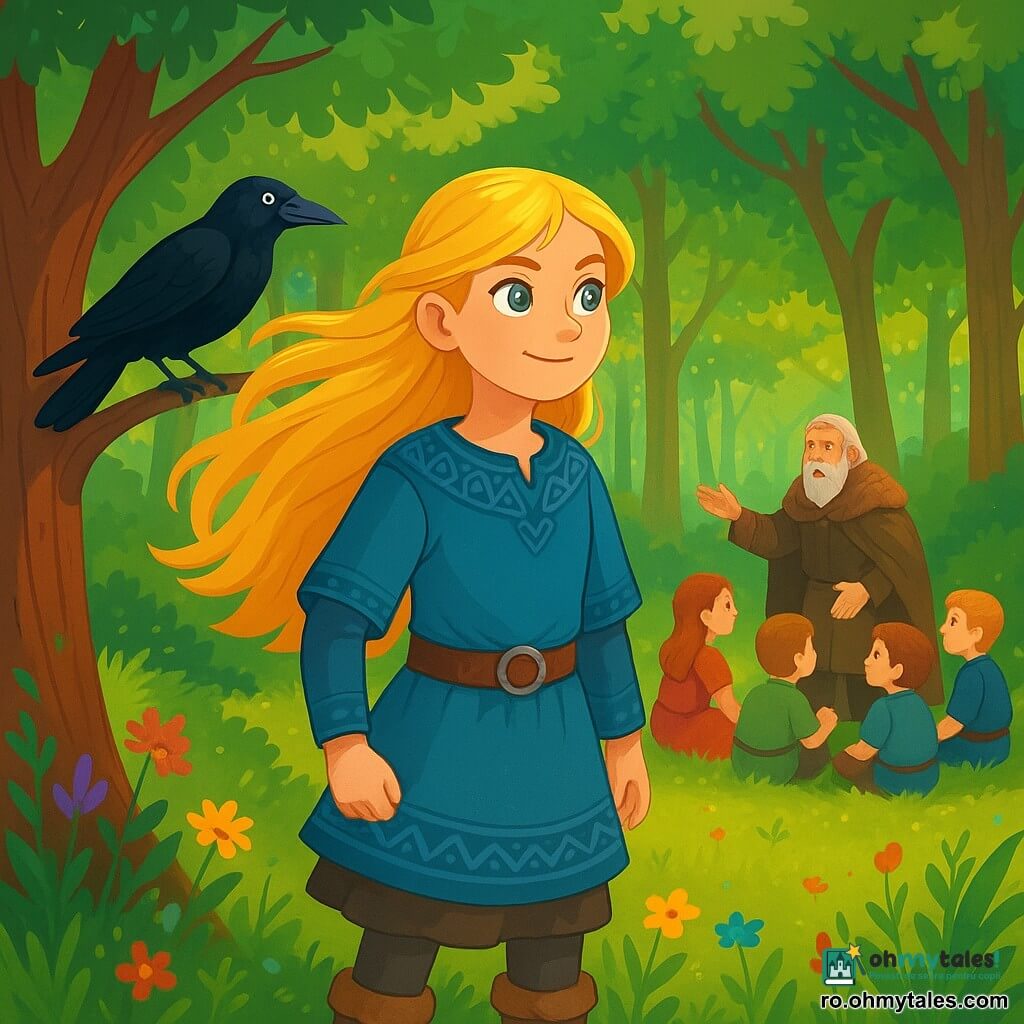 Sigrun, o fată vikingă de aproximativ 12 ani, stă la marginea unei păduri dese, cu părul ei lung și auriu fluturând în vânt. Poartă o tunică din lână albastră, împodobită cu motive nordice, iar fața ei exprimă o determinare strălucitoare, cu ochii ca stelele. La picioarele ei, flori sălbatice colorate răsar din iarba umedă, adăugând viață scenei. Aproape, un corb bătrân cu pene negre și strălucitoare, așezat pe o ramură, o observă cu curiozitate. Mai departe, un bărbat în vârstă, cu fața brăzdată de riduri, îmbrăcat într-o pelerină din blană, povestește o legendă unui grup de copii fascinați. Locul este o poiană magică, înconjurată de copaci măreți, cu trunchiuri groase și frunze verzi strălucitoare, iar razele soarelui filtrează printre ramuri, creând modele de lumină dansante pe sol. În această scenă, Sigrun ezită între a se aventura în pădurea misterioasă pentru a căuta comoara legendară sau a se întoarce în sat pentru a ajuta la pregătirea sărbătorii luminii, inima ei bătând de emoție și curiozitate.