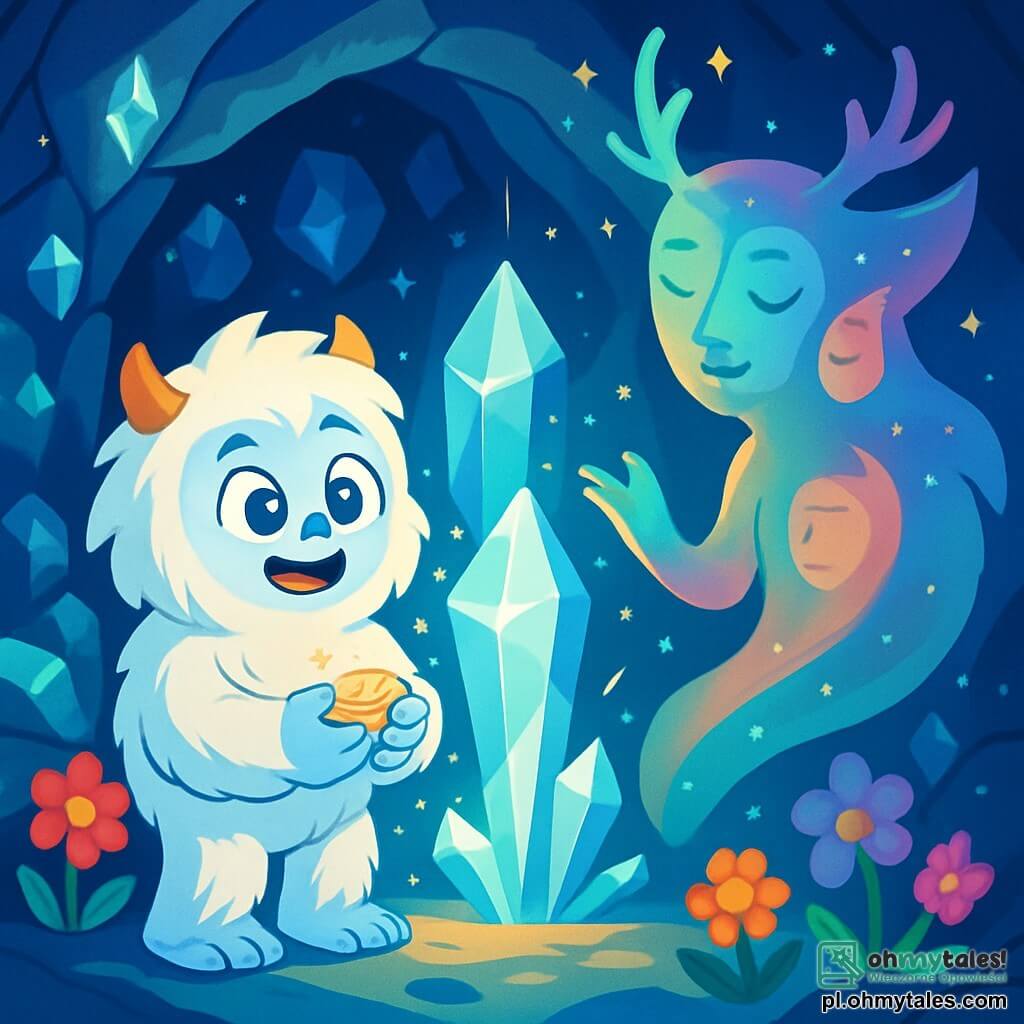 Mały yeti o imieniu Tashi, z białym futrem jak śnieg i błyszczącymi z ciekawości oczami, stoi w centrum sceny, wzruszony i zachwycony, trzymając w łapkach złotą brokatową ozdobę. Po jego prawej stronie Yama, tajemniczy duch lasu, pojawia się w postaci eterycznej sylwetki, z zmieniającymi się twarzami i migoczącymi kolorami, delikatnie unosząc się w powietrzu. Scena rozgrywa się w magicznej jaskini, gdzie błyszczące kamienie szlachetne w odcieniach niebieskiego, zielonego i fioletowego oświetlają ściany groty. Wokół nich rosną śpiewające kwiaty w jaskrawych kolorach, dodając życia temu czarującemu miejscu. Tashi i Yama stoją przed dużym, błyszczącym kryształem, podczas gdy iskry światła tańczą wokół nich, symbolizując magię, która ich otacza. Odkrywają starożytny sekret, gotowi ujawnić tajemnice swojej przeszłości.