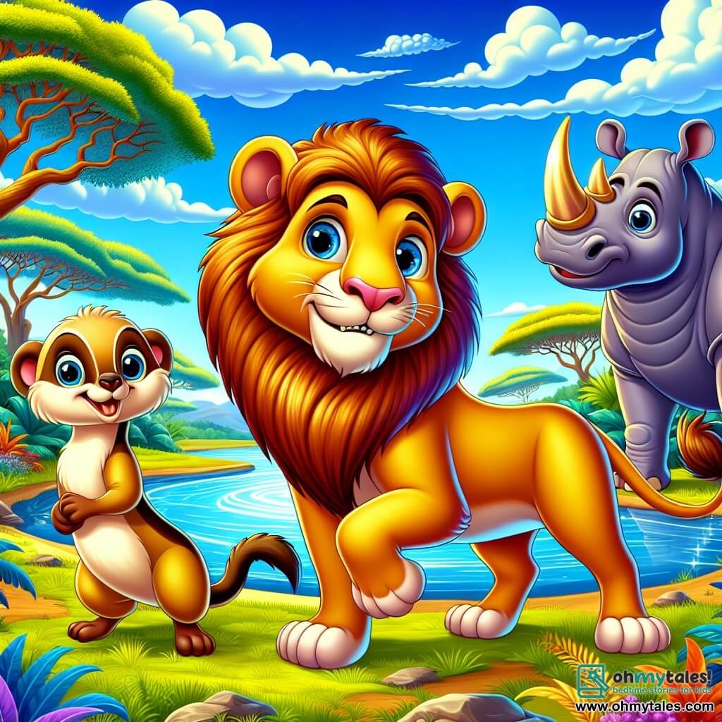 A young lion with a vibrant golden coat and bright, curious eyes stands proudly by a sparkling river, his expression a mix of determination and hope. Next to him, a small light brown mongoose with mischievous eyes jumps with excitement, while a robust rhinoceros with large horns and gray skin stands in the background, watching with a kind smile. The setting is a vibrant savannah dotted with tall grasses and majestic baobabs under a bright blue sky with fluffy white clouds. The scene depicts the lion and his friends united, ready to work together to restore the river's course, symbolizing friendship and cooperation.