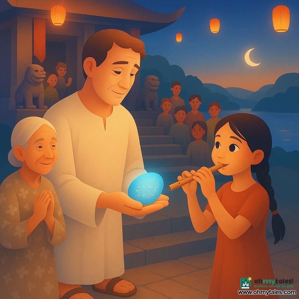 The central figure is Suren, a gentle, serene-faced man with worry-lined eyes, wearing a creased cream linen robe and worn sandals, holding a pale blue glowing pebble engraved with tiny gold letters and offering it to the crowd; to his right stands Mei, a ~10-year-old girl with braided black hair playing a reed flute and gazing at the pebble in wonder from the temple step, and to his left is Lila, an elderly woman (~65) with parchment-like wrinkled skin and a jasmine-patterned dress, smiling benevolently with hands clasped as if blessing the moment. Behind them villagers of all ages pass the pebble hand to hand with joyful, attentive expressions and slow, respectful gestures. The setting is the forecourt of a small stone hilltop temple—worn wide steps, two mossy stone lions, red silk banners, orange paper lanterns drifting in the breeze, and a moonlit river below. The scene focuses on sharing the pebble of truth: the pebble’s soft light contrasting with the warm glow of lanterns, faces lit by both sources, an intimate, solemn atmosphere with warm colors and tactile textures (rough stone, polished wood, creased fabric).