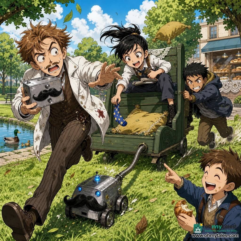 Malcolm, a panicked but determined man with messy light-brown hair and a thin pencil mustache, wearing an inventor's smock stained with sawdust and jam, runs forward holding out a small silver box with a glued-on mustache; Tessa, about 12, black hair in a ponytail, mischievous smile and notebook in hand, perches on the side of a large rolling sofa and dangles a tiny starry sock over a cushion; Niko, about 10, short brown hair, laughs and points while chewing a half-eaten croissant near a tree; Jun, about 11 with expressive brows and a hooded jacket, breathes hard pushing the sofa from behind; a little four-wheeled detective robot with a big fake black mustache, blue lights and a vacuum hose is hooked to the sofa, gently towing it across a bright-green grassy park with round-leaved trees, a paved path, a duck by a pond and a distant bakery, while cushions and leaves fly in a comic, adventurous scene as the group tries to stop the rolling sofa.