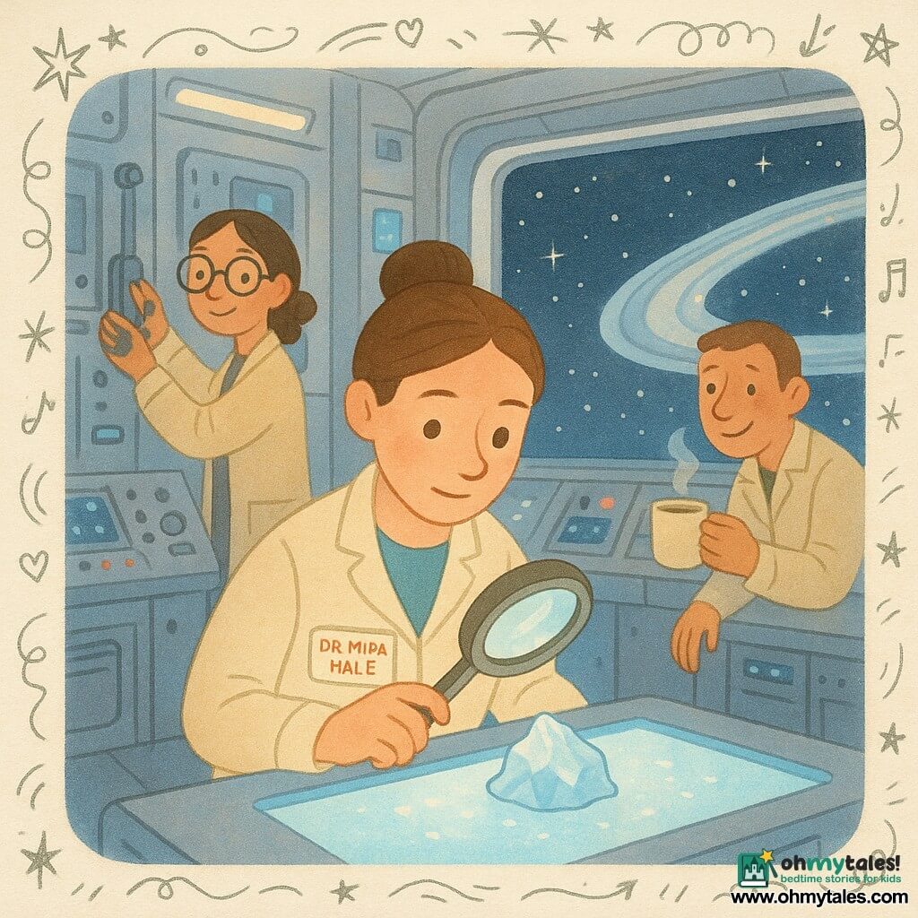 Dr. Mira Hale, an adult woman with a gentle, focused face, bright curious eyes and brown hair in a practical bun, studies a small ice sample under a lab magnifier with a serene, studious posture; Lina, about 30, with ink- and grease-stained hands and round glasses, smiles while adjusting an instrument slightly behind and left of Mira; Sam, about 34, with a jovial expression and short hair, stands to the right leaning on a console, holding a steaming cup of tea and watching a rhythmically blinking signal on the screen. The setting is a glass-and-metal space station lab with silver surfaces, blue light panels, microscopes and shining vials, large windows revealing a distant ring of ice and starry sky, warm lamps casting soft shadows. The team listens to a regular signal coming from the ice as console lights blink in time; the mood is calm and wondrous, pastel tones with silver and blue highlights, a cheerful, benevolent style with small musical-note doodles around the signal.