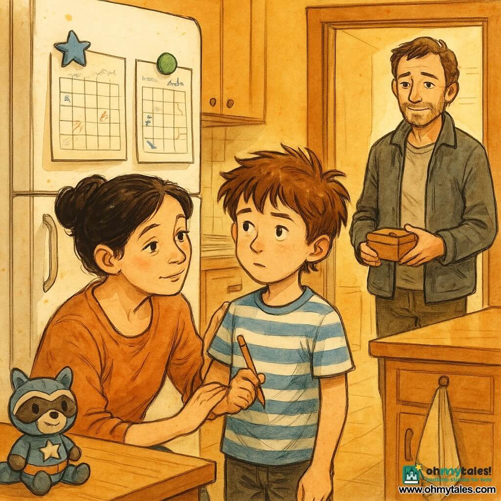 An 8-year-old boy named Max, thoughtful yet reassured, messy brown hair, blue-and-white striped t-shirt, holding a pencil and looking at two magnetic calendars on a white fridge; a ~35-year-old mother with a gentle face, warm tired eyes and black hair in a bun kneels to his left with a protective hand on his shoulder; a ~36-year-old father with a tender, slightly sad smile, light stubble and casual jacket stands in the doorway to the right holding a small snack box; a bright, ordinary kitchen with a light wood countertop, a hanging dish towel and stacked boxes in the background; the two paper calendars show blue stars and green circles with colorful magnets and childlike handwriting notes; the central composition emphasizes the family in transition, calm atmosphere, soft gestures and personal items like a "Captain Flop" plush on the counter; style: colored ink with clean lines and wash textures, warm palette with blue and green accents, emotive, child-friendly soft coloring.