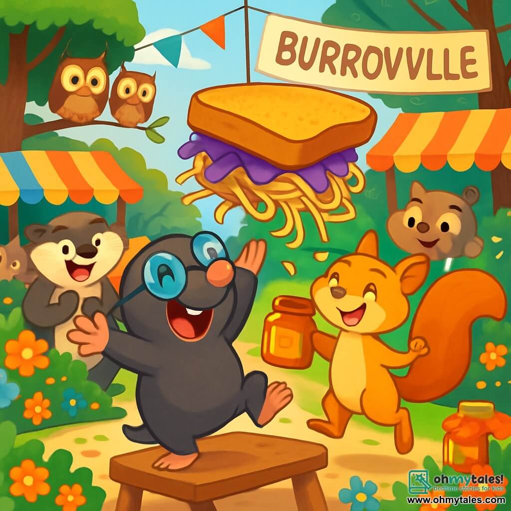 Monty, a small mole with shiny round glasses, is at the center of the image, his eyes wide with excitement and a big smile on his face. He is joyfully dancing, his paws in the air, surrounded by a massive, wobbling, colorful sandwich made of glowing bread, purple jelly, and spaghetti noodles. To his right, Penny, a golden-furred squirrel with a fluffy tail, jumps for joy, her eyes sparkling with happiness. She holds a jar of honey, ready to add it to the sandwich. Behind them, a group of animals, including Barry the badger with his brown fur and mischievous eyes, applauds and laughs, while twin owls perched on a branch watch the scene with amused expressions. The setting is the bustling square of Burrowville, filled with colorful flowers, decorated stalls, and many animals gathered around a large wooden table where the challenge is taking place. The main scene shows Monty and his friends creating the tallest and craziest sandwich in the world, with wobbling layers, bursts of laughter, and a festive atmosphere filling the air.