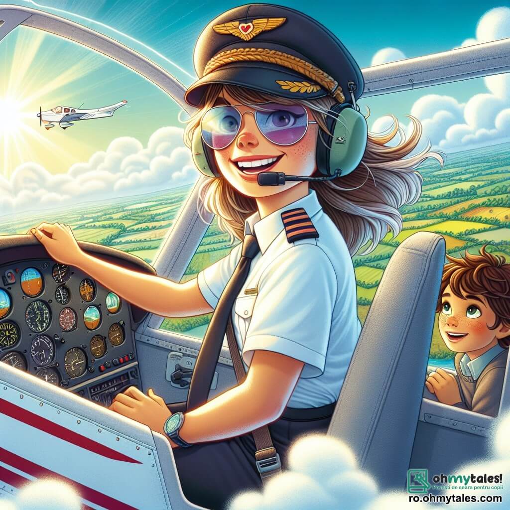 Ana, o tânără pilotă de aproximativ 25 de ani, se află în cockpitul avionului ei mic alb cu dungi roșii, având un zâmbet larg de entuziasm și determinare. Poartă ochelari de soare și o șapcă de aviator, iar părul ei castaniu flutură ușor în vânt. Lângă ea, un băiat de 10 ani pe nume Alex, cu părul brun și ochii strălucitori, observă atent instrumentele de zbor, având un aer admirativ și curios. Cerul este de un albastru strălucitor, presărat cu câteva nori albi, iar dedesubt se vede un peisaj de coline verzi și câmpuri colorate. Scena se desfășoară la o altitudine mare, deasupra norilor, unde lumina soarelui creează un curcubeu splendid. Ana manevrează cu abilitate avionul printr-o ușoară turbulență, cu nori întunecați în fundal, simbolizând o furtună iminentă, dar rămâne concentrată și încrezătoare, pregătită să depășească orice obstacol.